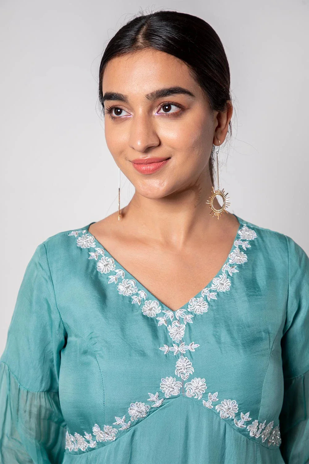 Beautiful Sea Green Organza Calf Length Hand Embroidery Dress