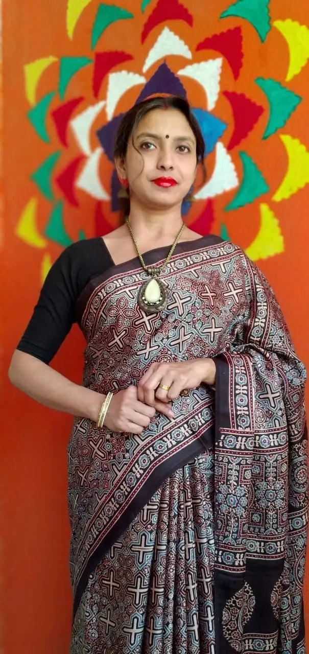 Blue Black Red Kora Silk Cotton Lambani Tribal Embroidery Saree Nature