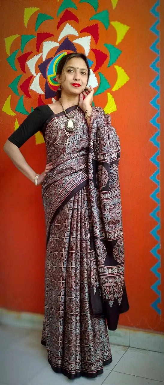 Blue Black Red Kora Silk Cotton Lambani Tribal Embroidery Saree Nature