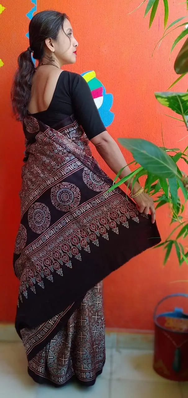 Blue Black Red Kora Silk Cotton Lambani Tribal Embroidery Saree Nature