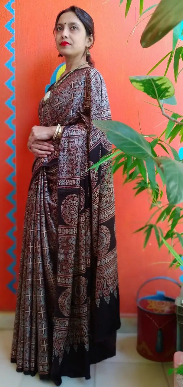 Blue Black Red Kora Silk Cotton Lambani Tribal Embroidery Saree Nature