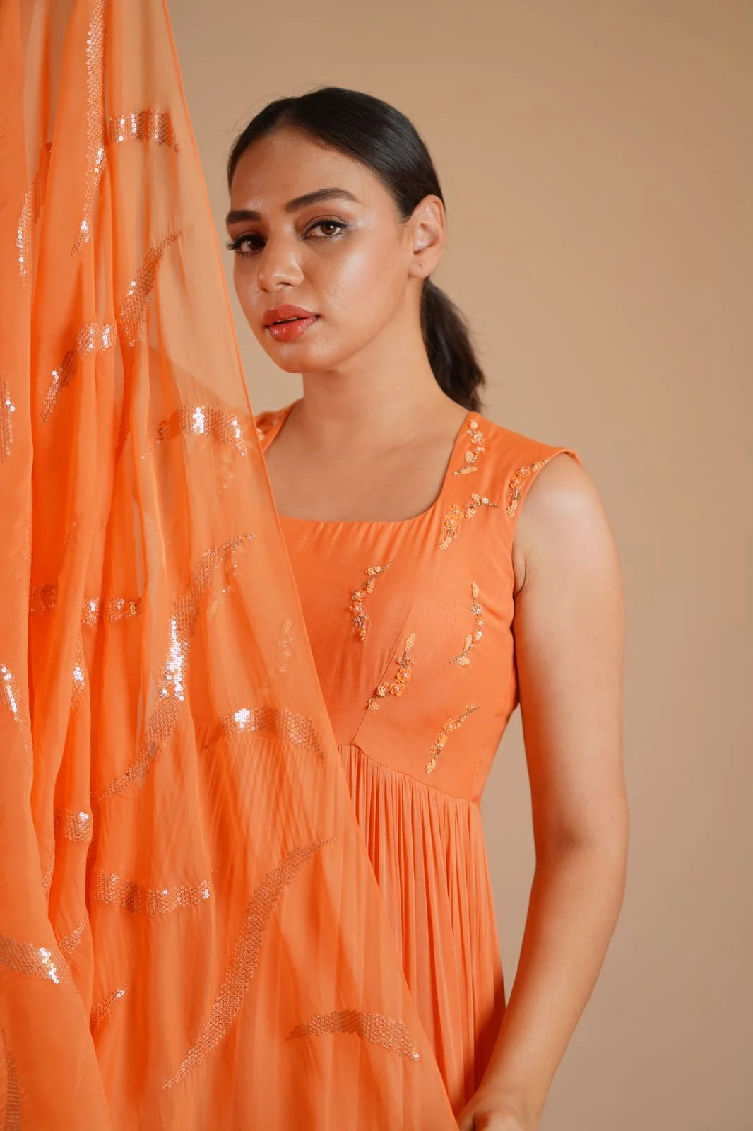 Daisy Orange Kora Silk Anarkali with Sequin Dupatta - Bridal Anarkali