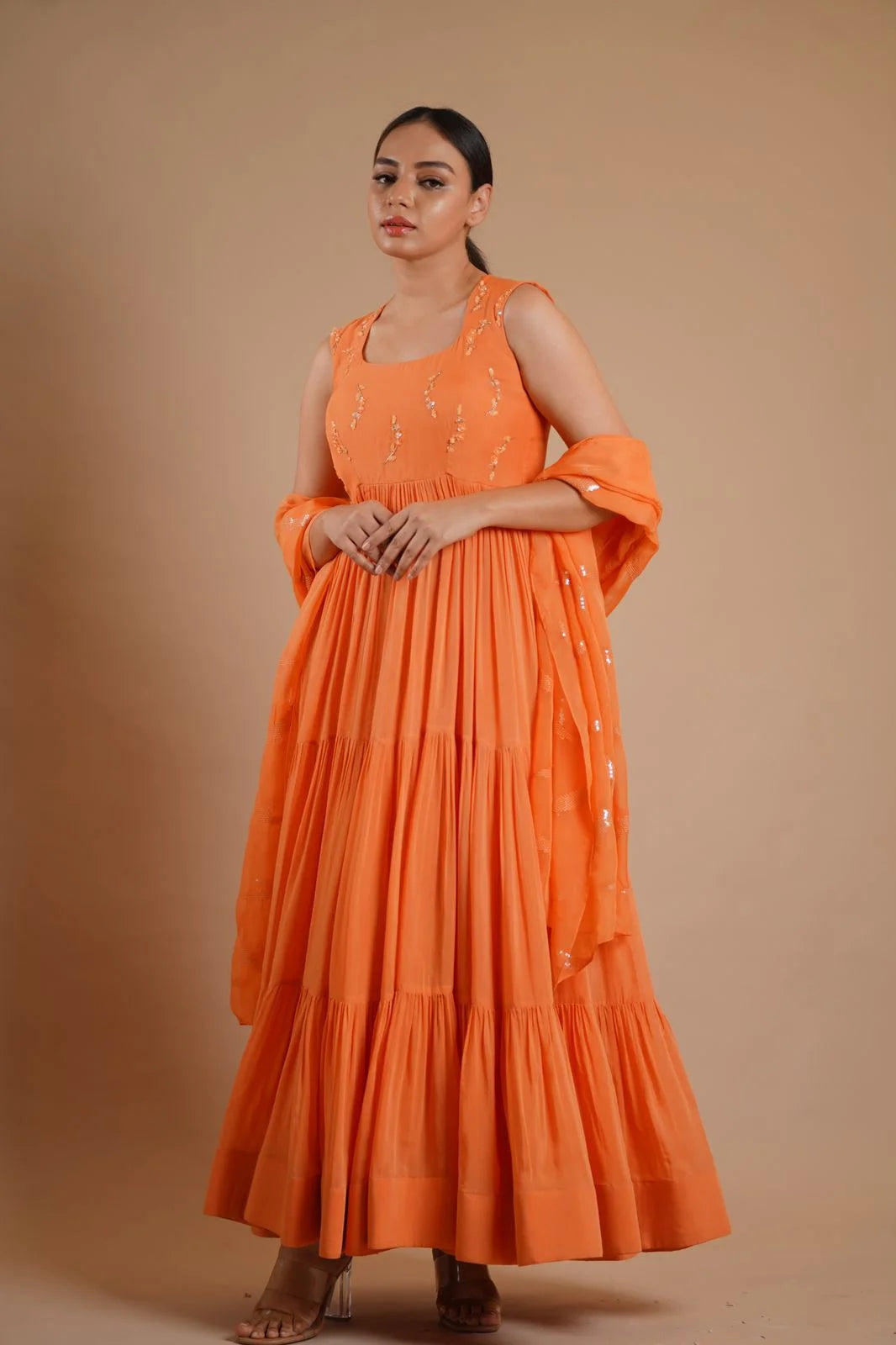 Daisy Orange Kora Silk Anarkali with Sequin Dupatta - Bridal Anarkali
