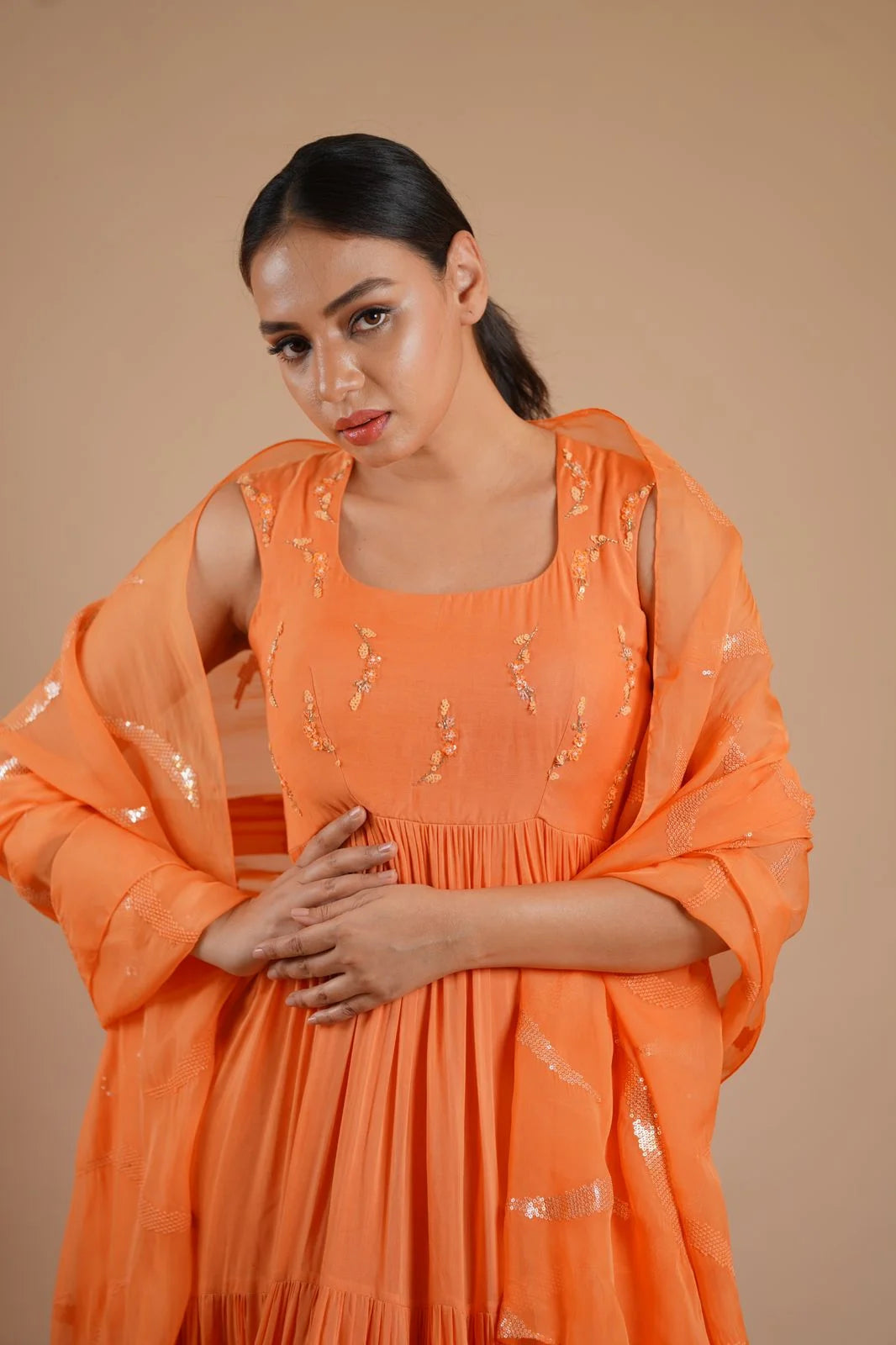 Daisy Orange Kora Silk Anarkali with Sequin Dupatta - Bridal Anarkali