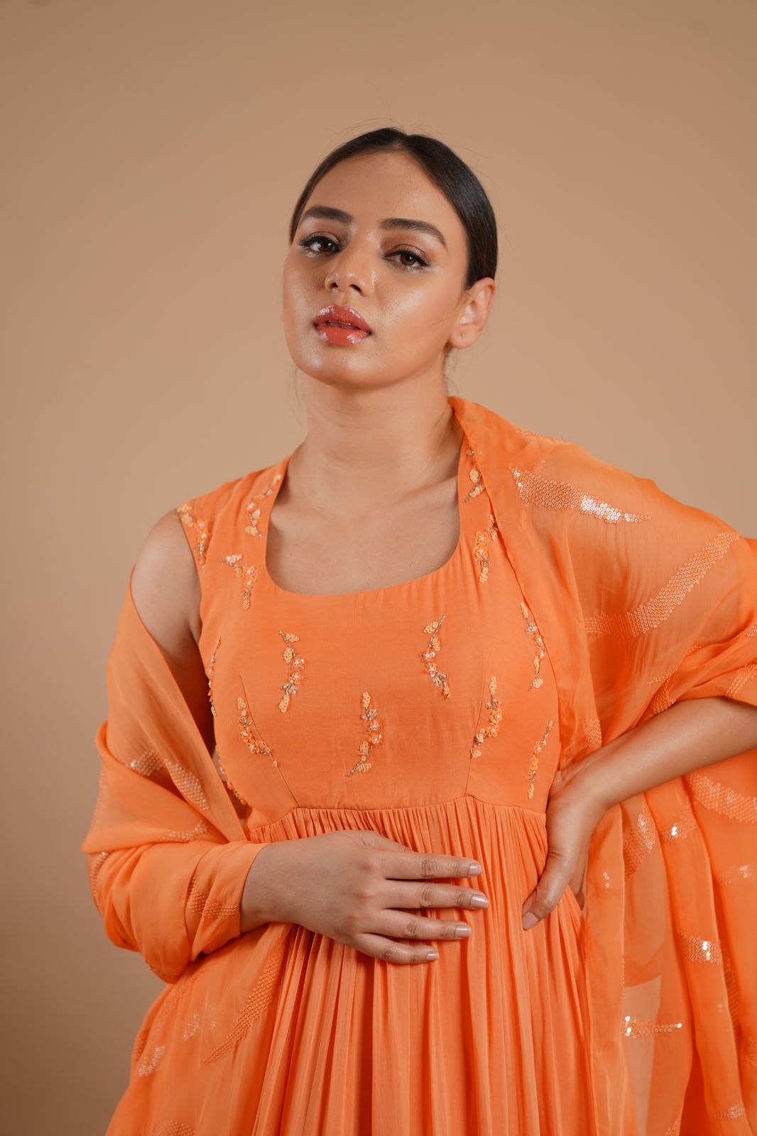 Daisy Orange Kora Silk Anarkali with Sequin Dupatta - Bridal Anarkali