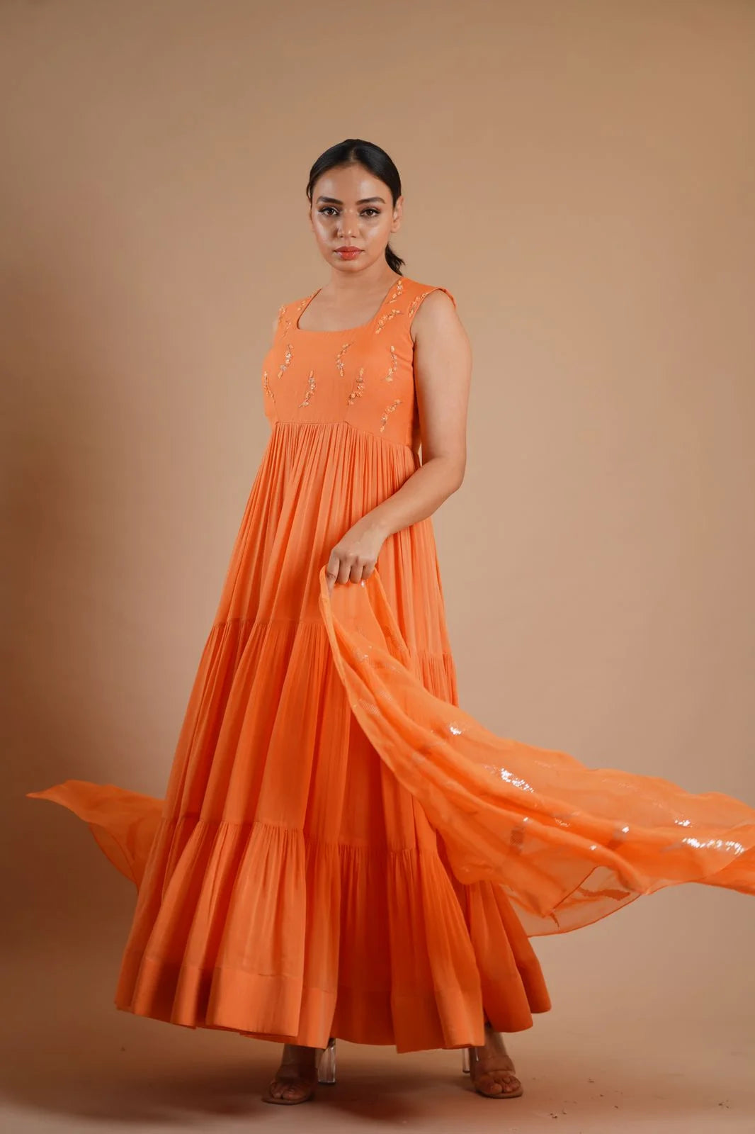 Daisy Orange Kora Silk Anarkali with Sequin Dupatta - Bridal Anarkali