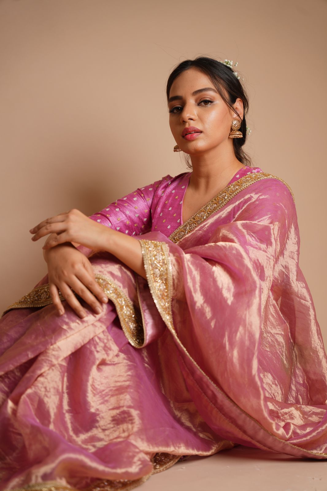 Mulberry Pink Handloom Tissue Silk Saree with Handwork Borders - Designer Saree