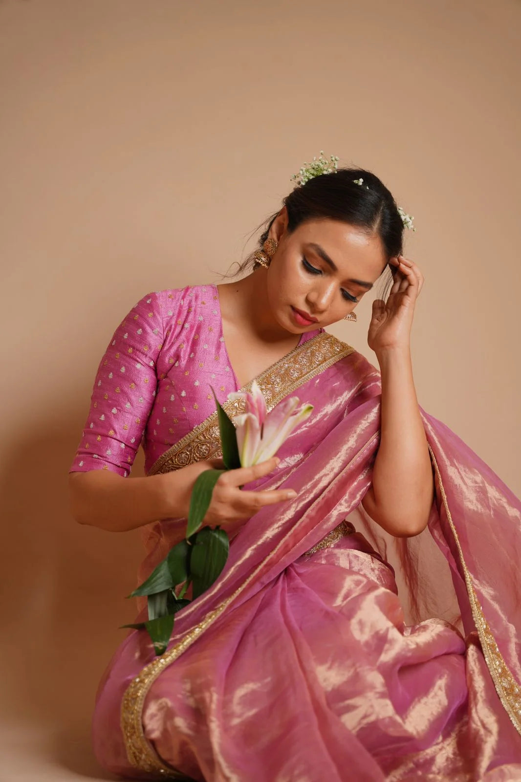 Mulberry Pink Handloom Tissue Silk Saree with Handwork Borders - Designer Saree