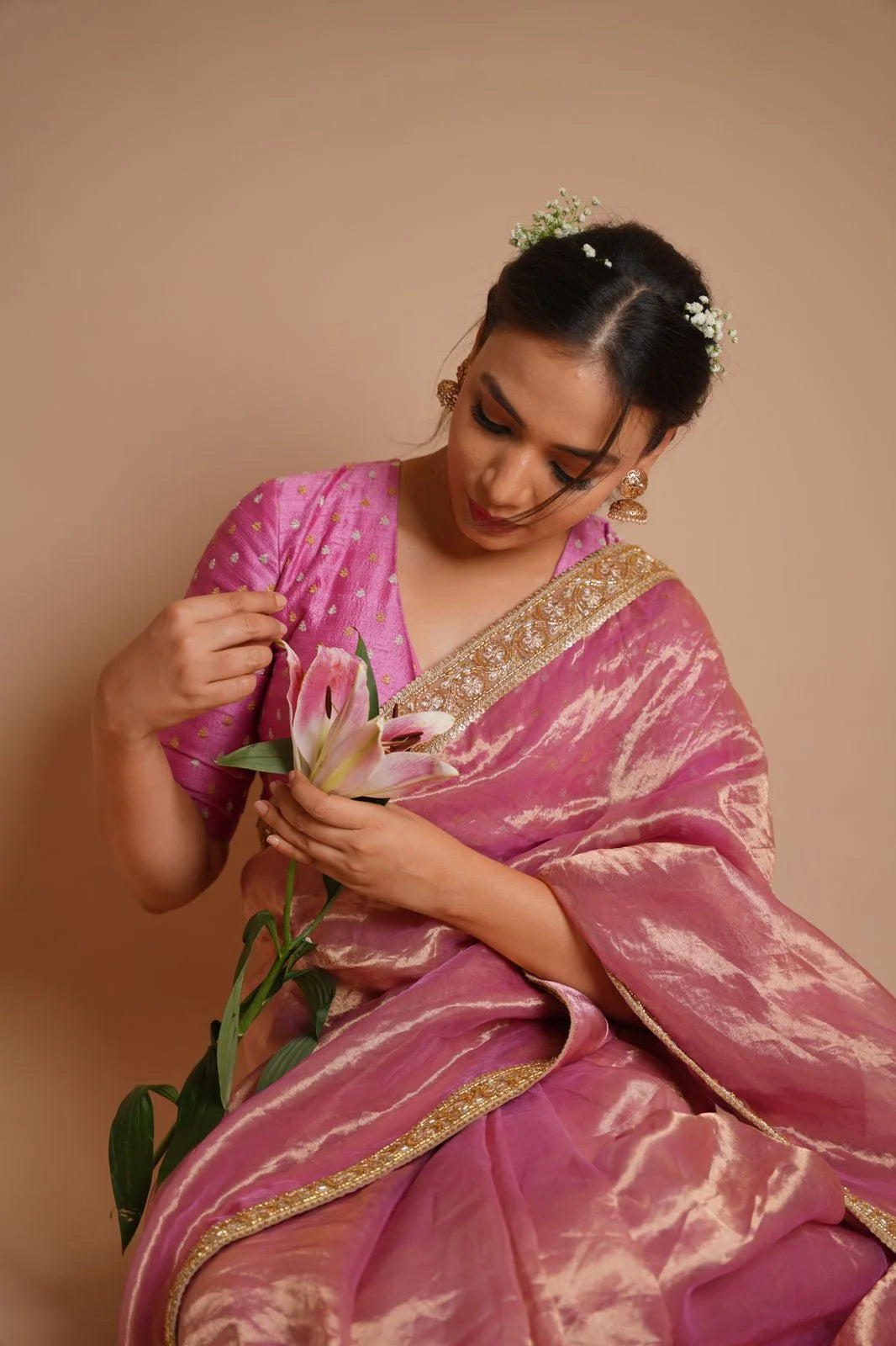 Mulberry Pink Handloom Tissue Silk Saree with Handwork Borders - Designer Saree