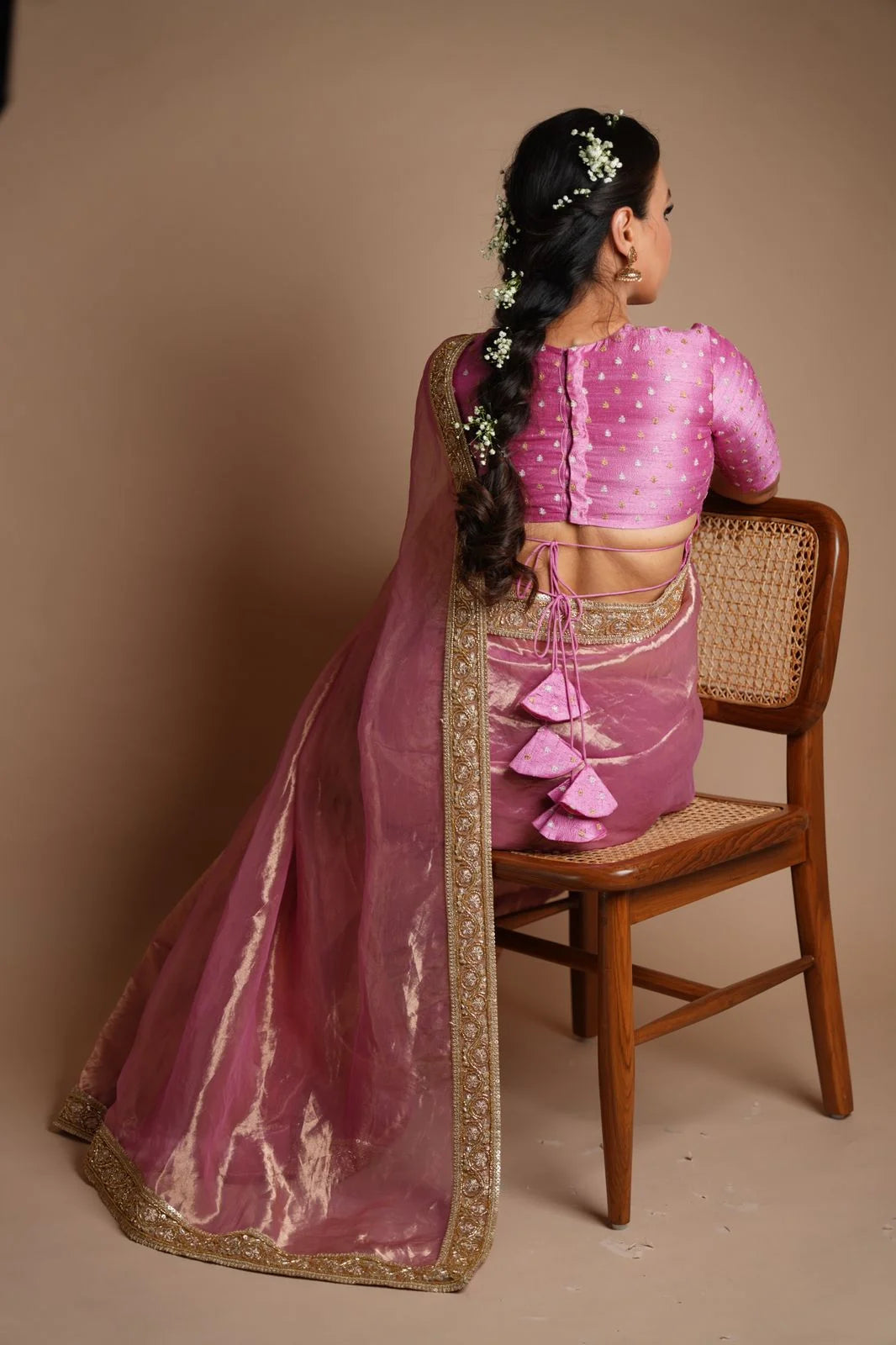 Mulberry Pink Handloom Tissue Silk Saree with Handwork Borders - Designer Saree