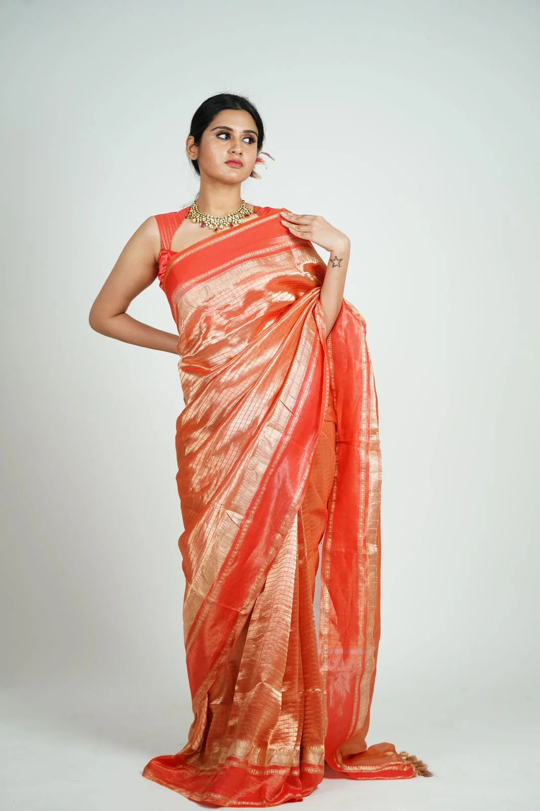 Tissue Rose Red Checkered Handloom Saree with Satin Borders - Silk Saree