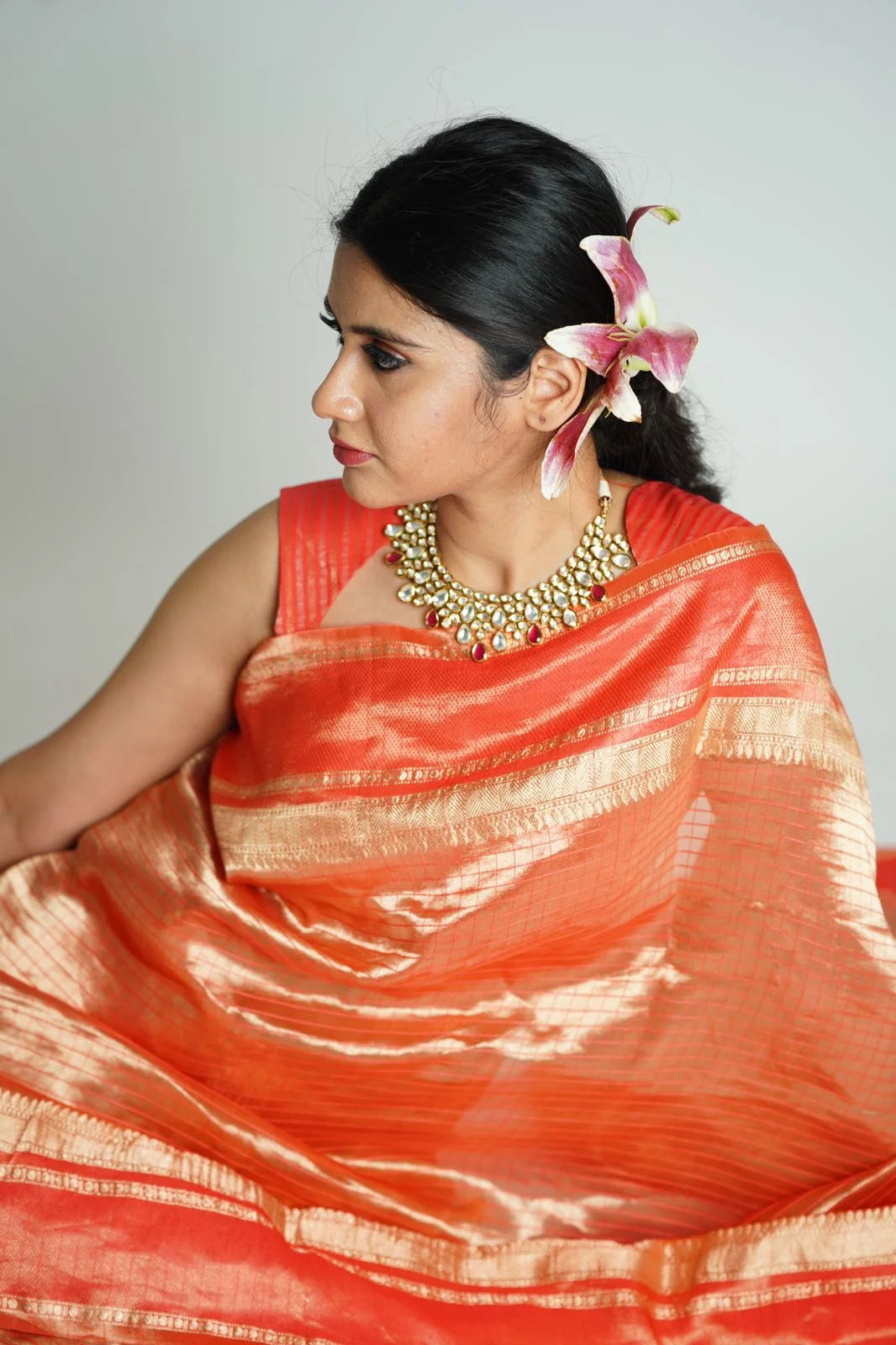 Tissue Rose Red Checkered Handloom Saree with Satin Borders - Silk Saree