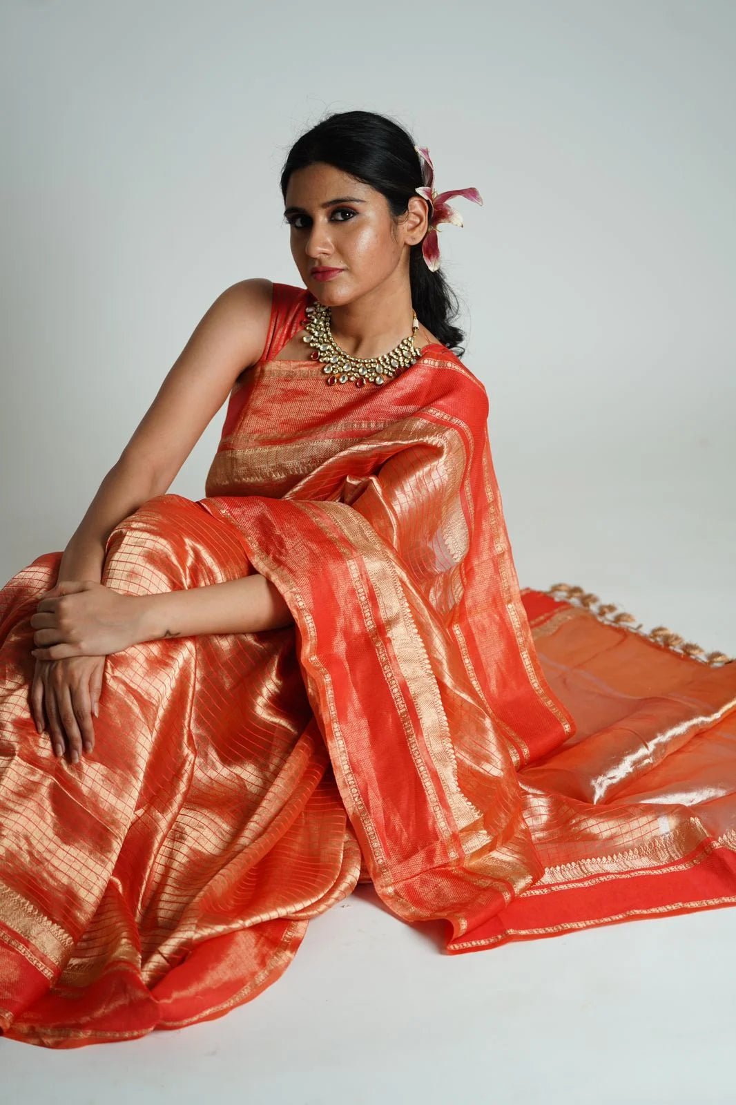 Tissue Rose Red Checkered Handloom Saree with Satin Borders - Silk Saree