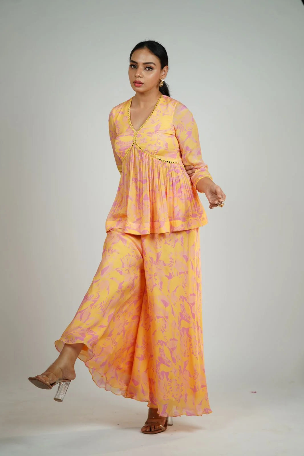 Fanshell Lavender & Yellow Chiffon Sharara with Mirror Work - Designer Sharara