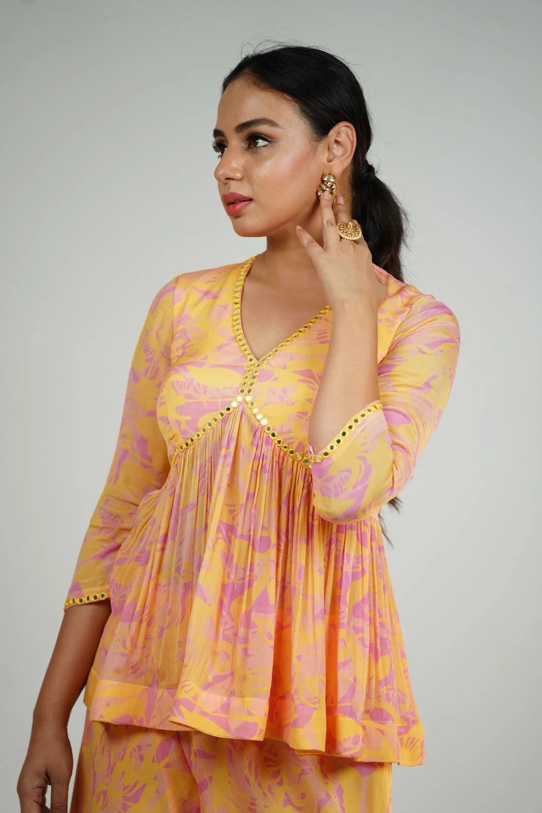 Fanshell Lavender & Yellow Chiffon Sharara with Mirror Work - Designer Sharara