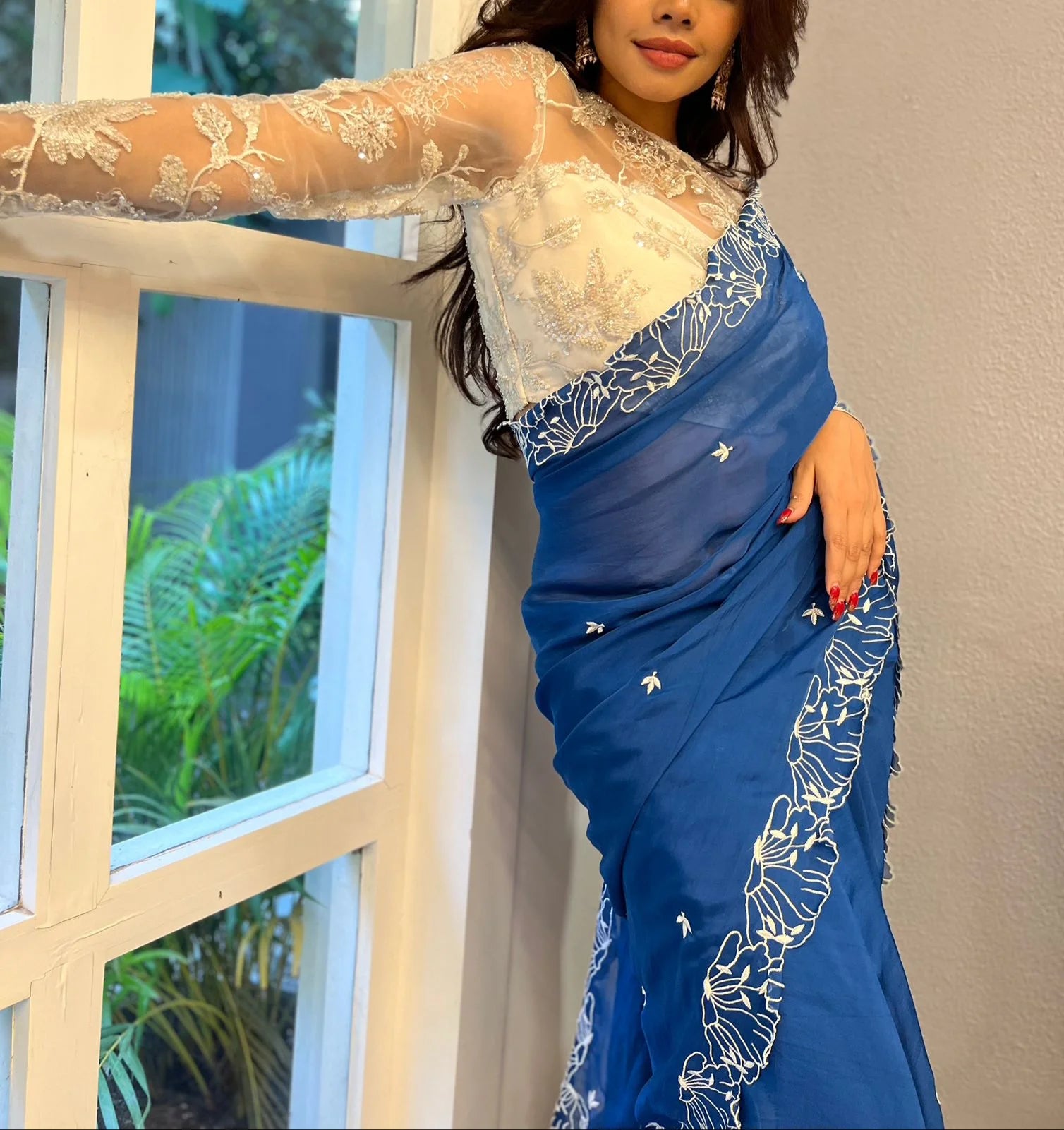 Blueberry Blue Floral Organza Saree with Cutwork - Handmade Saree