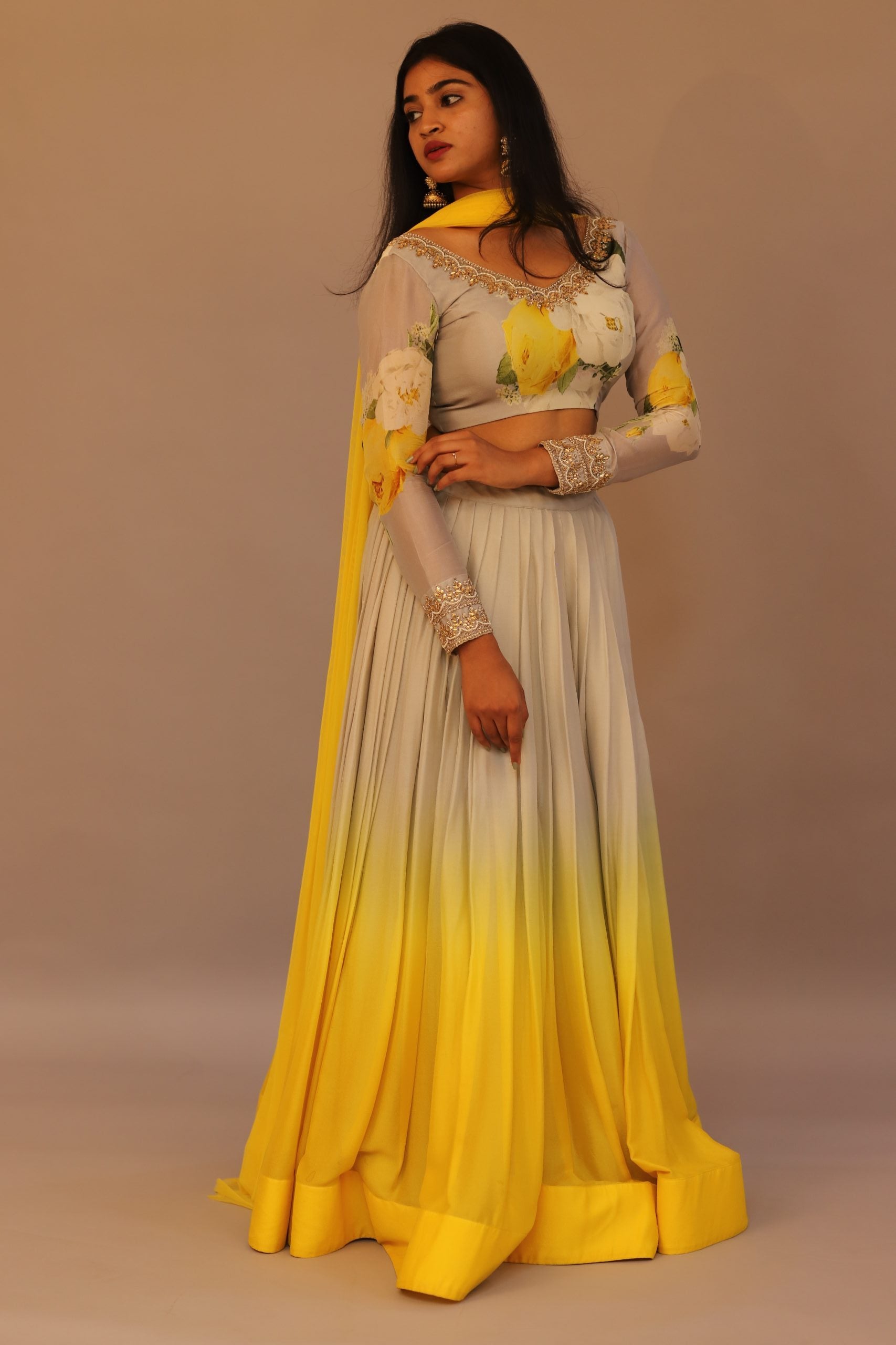 Gray Yellow Ombre Georgette Lehenga with Floral Blouse & Net Dupatta - Bridal Lehenga
