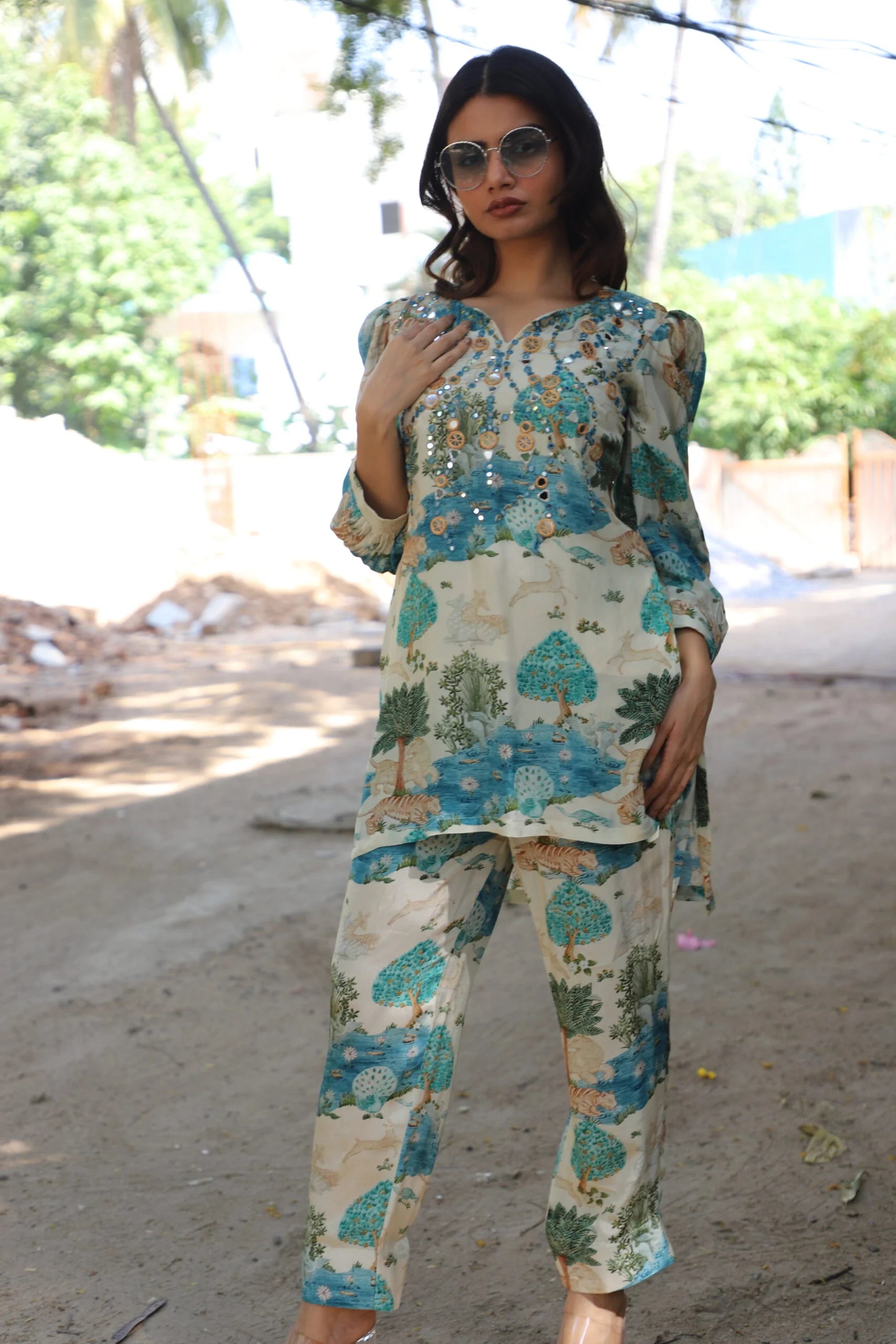 Blue Origin Printed Natural Crepe Coord Set with Mirror Work - Kurta Pant Set