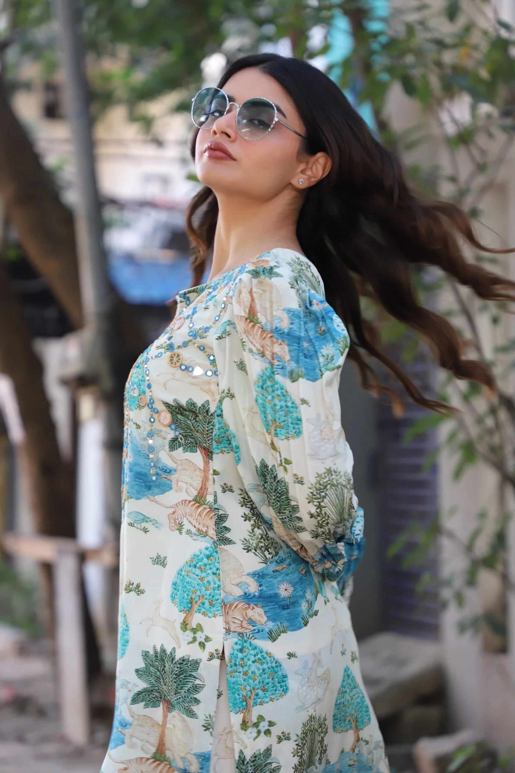 Blue Origin Printed Natural Crepe Coord Set with Mirror Work - Kurta Pant Set
