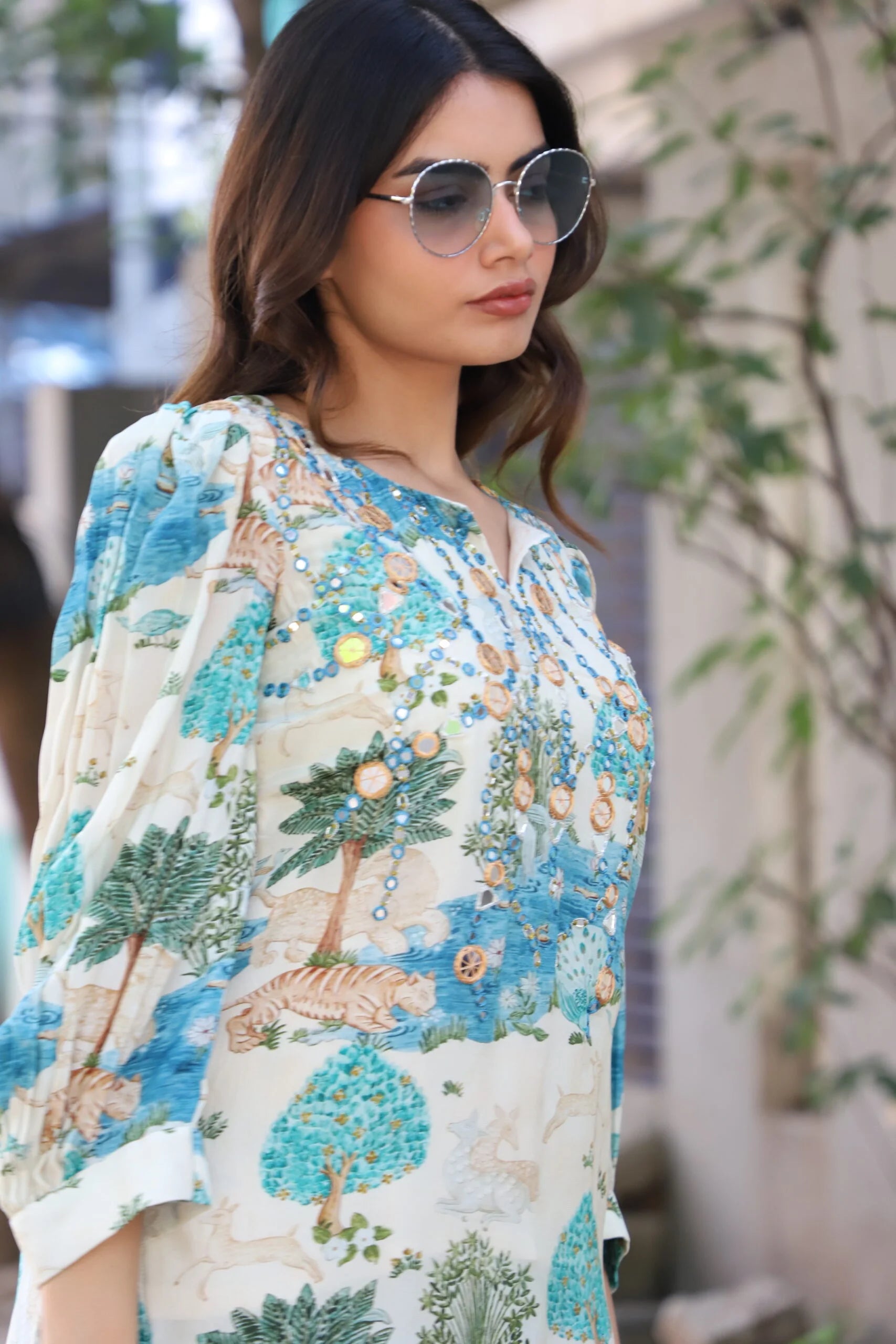 Blue Origin Printed Natural Crepe Coord Set with Mirror Work - Kurta Pant Set