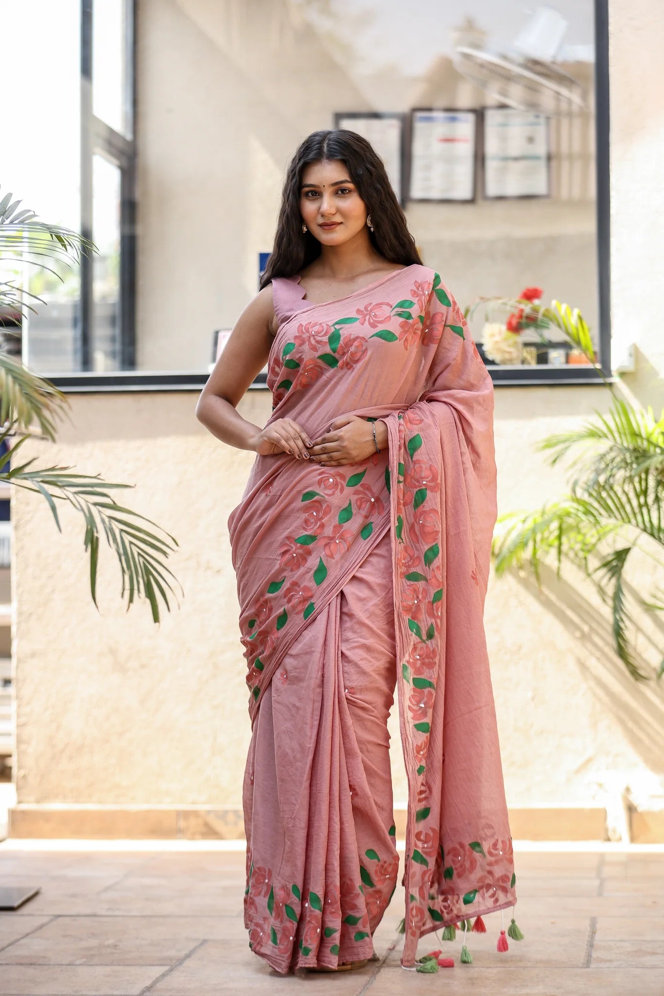Petal Script (Handpainted Mauve Malmal Saree)