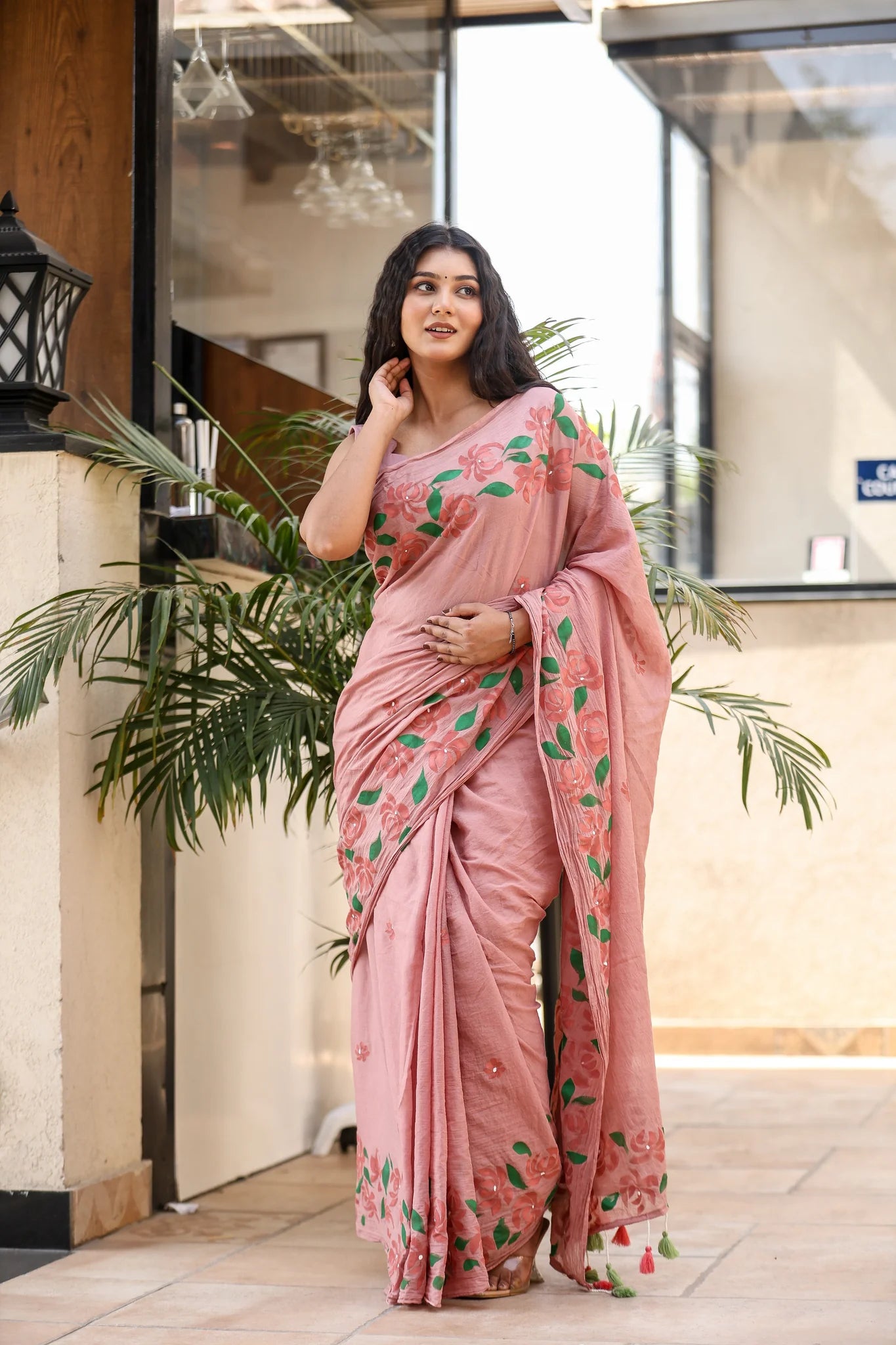 Petal Script (Handpainted Mauve Malmal Saree)