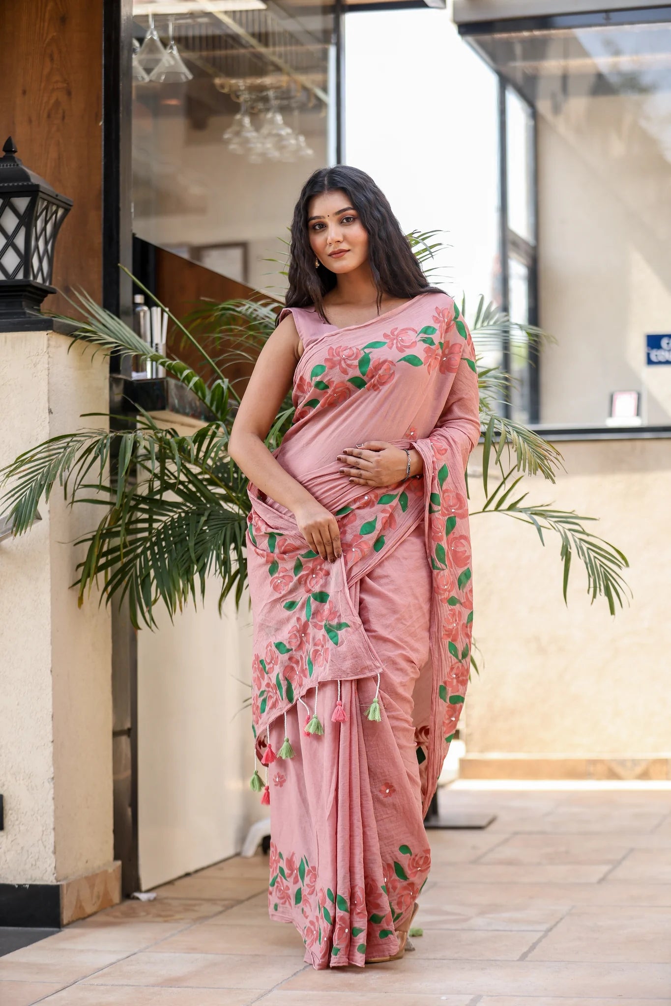 Petal Script (Handpainted Mauve Malmal Saree)