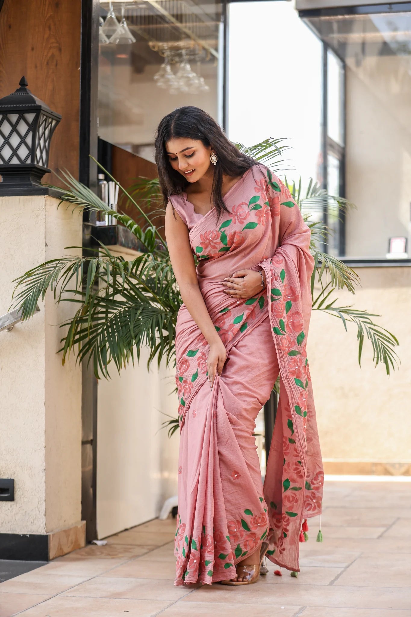 Petal Script (Handpainted Mauve Malmal Saree)