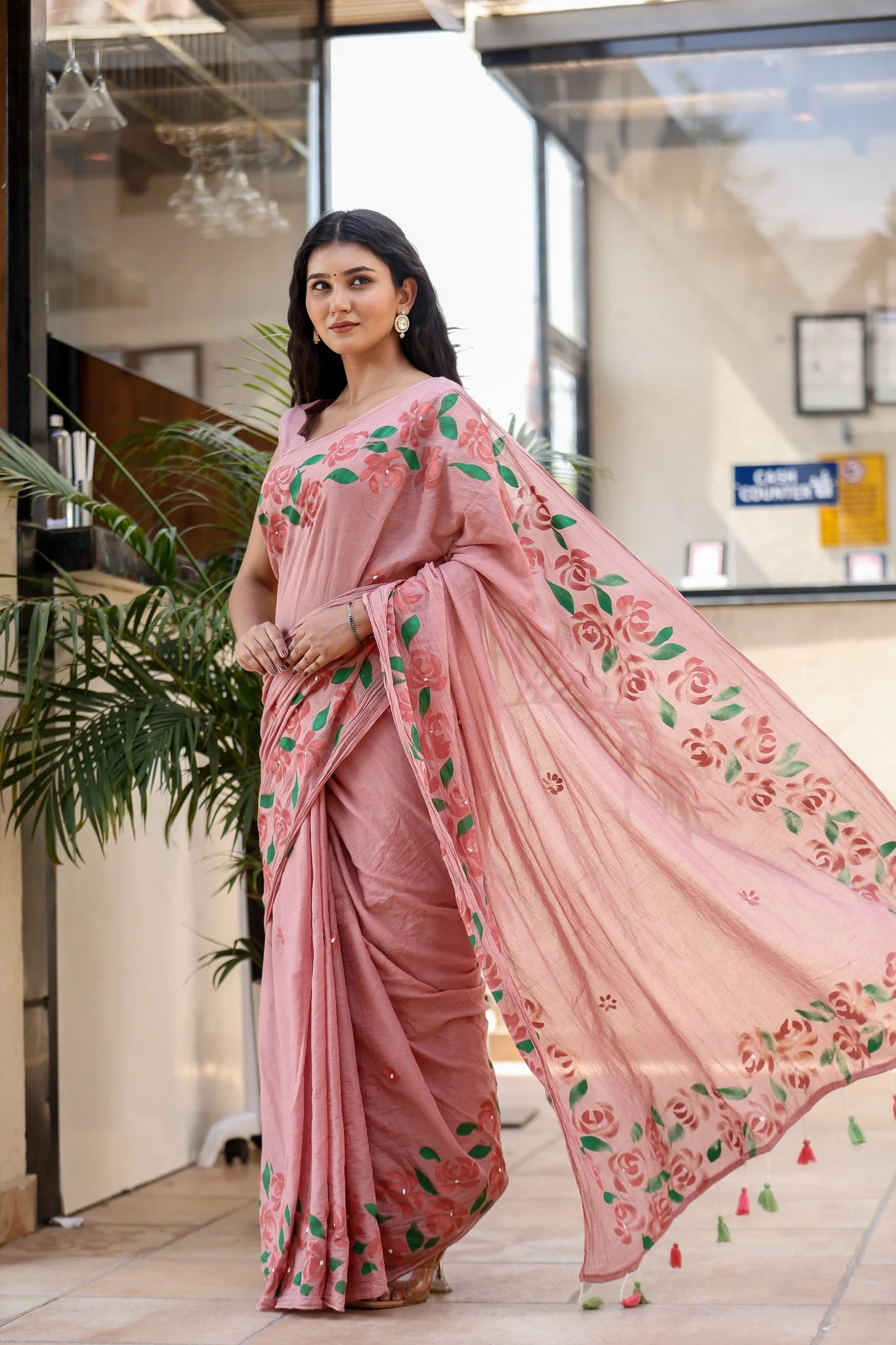 Petal Script (Handpainted Mauve Malmal Saree)