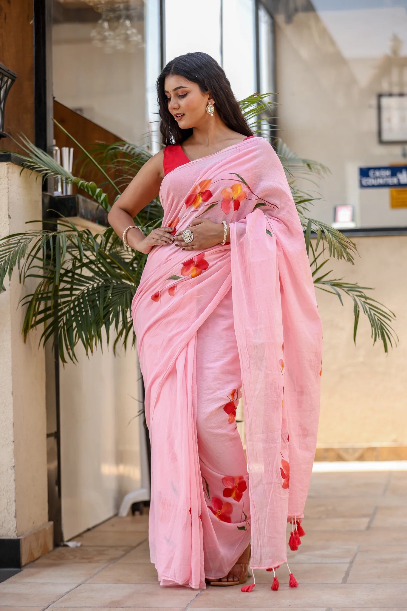 Bloom Rush (Handpainted Pink Malmal Saree)