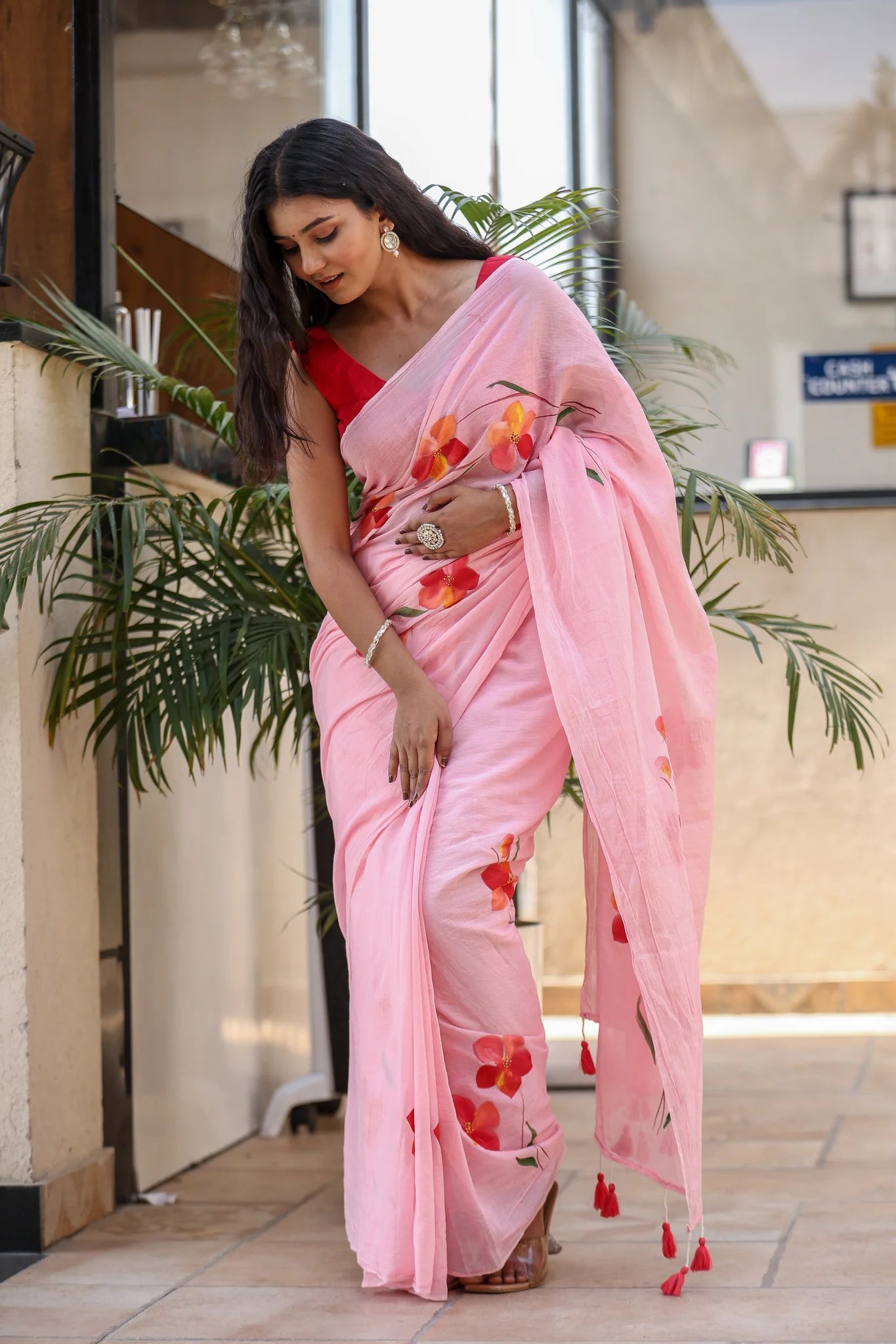 Bloom Rush (Handpainted Pink Malmal Saree)