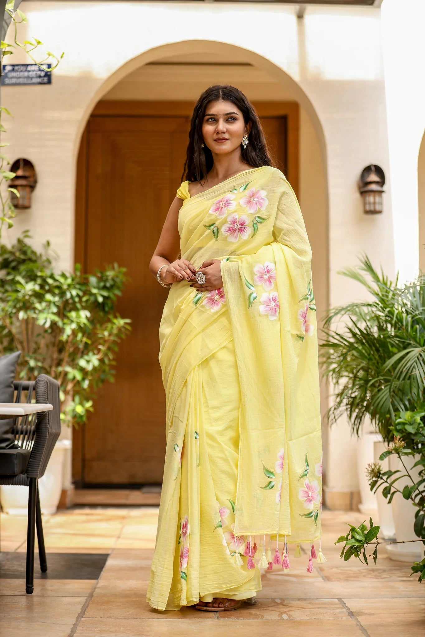 Delicate Yellow Malmal Cotton Handpainted Floral Saree - Sunlit Blossom
