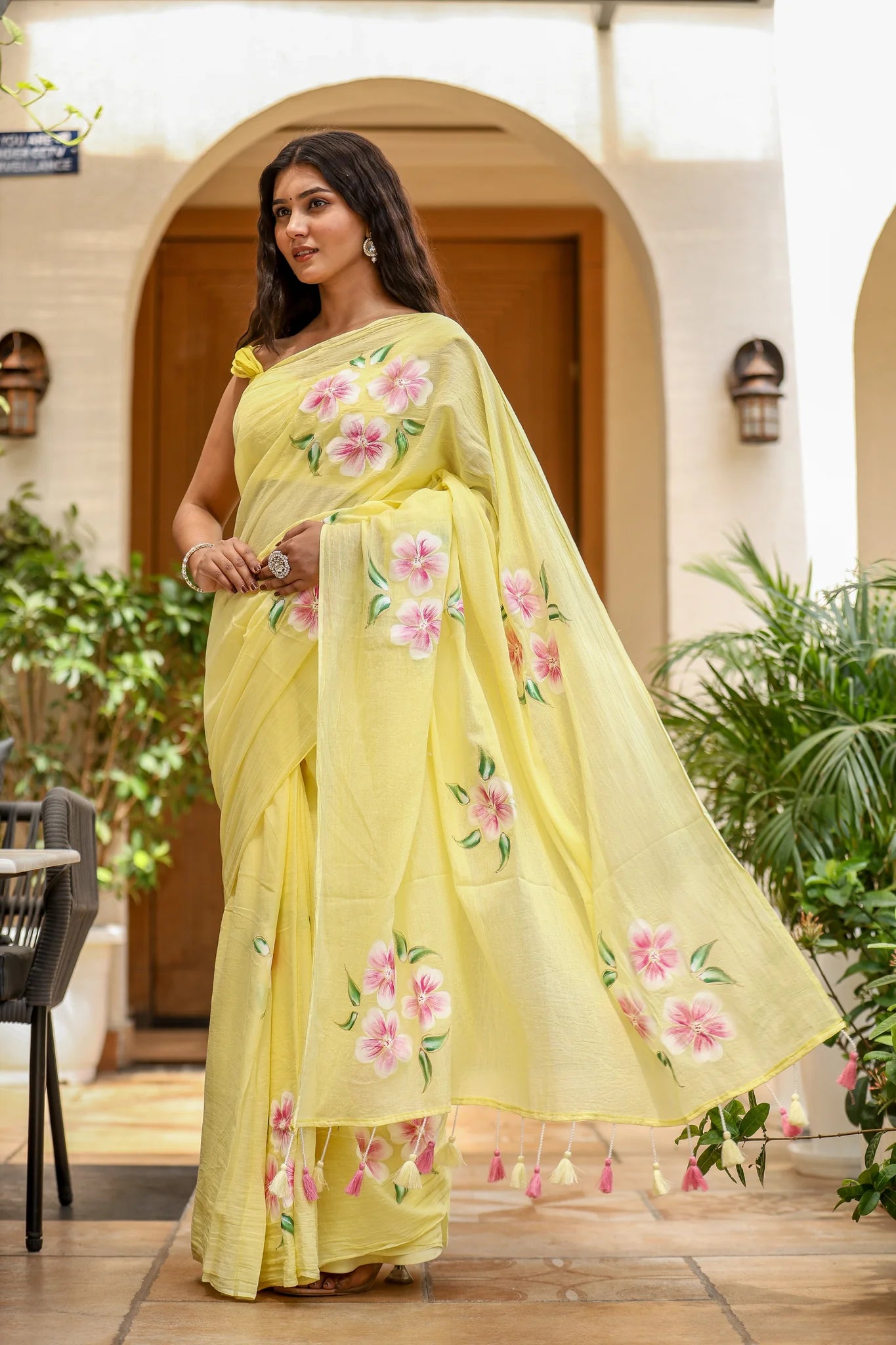 Delicate Yellow Malmal Cotton Handpainted Floral Saree - Sunlit Blossom