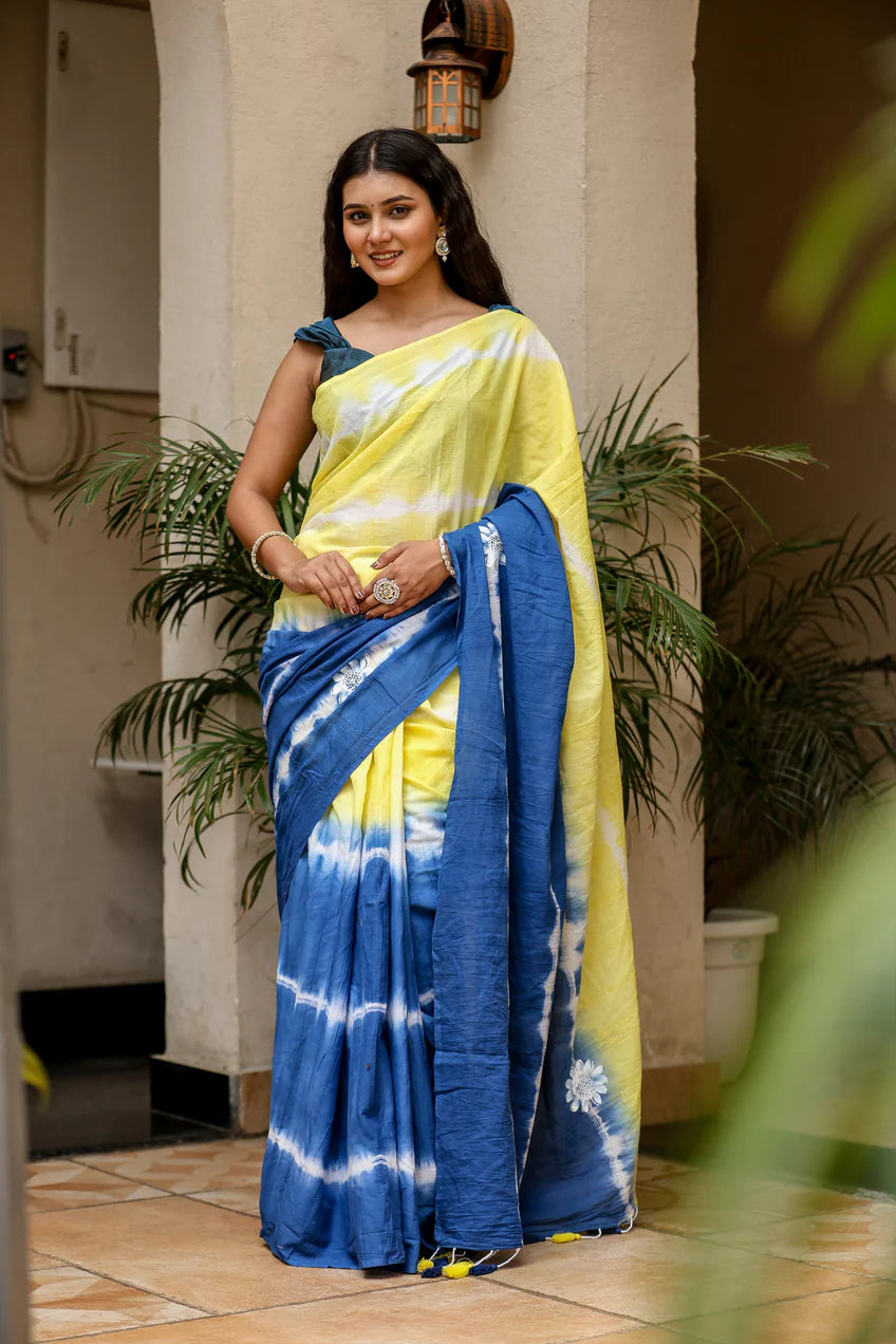Luminous Blue Yellow Malmal Cotton Handpainted Tie-Dye Saree