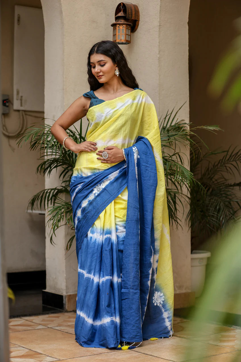 Luminous Blue Yellow Malmal Cotton Handpainted Tie-Dye Saree