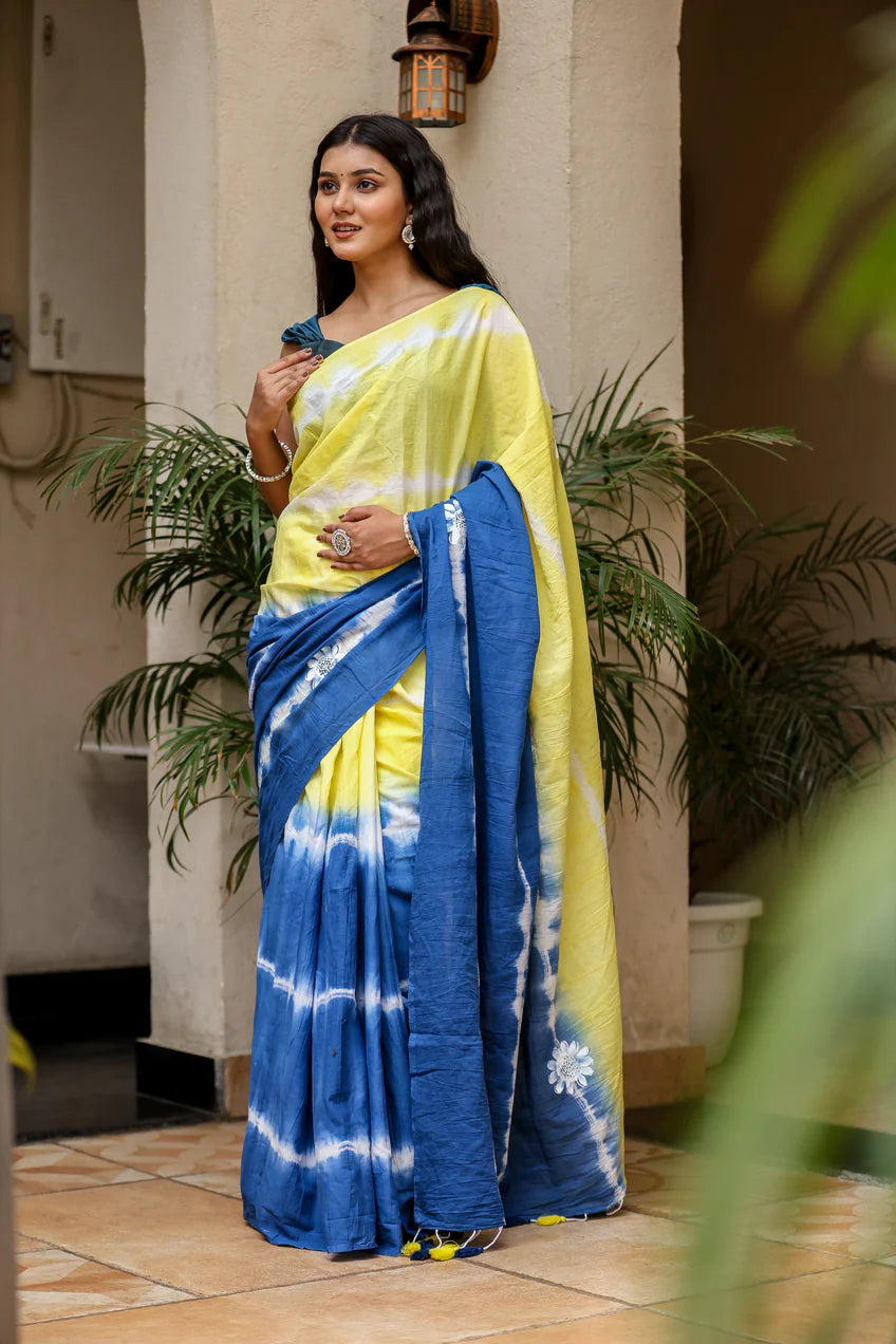 Luminous Blue Yellow Malmal Cotton Handpainted Tie-Dye Saree