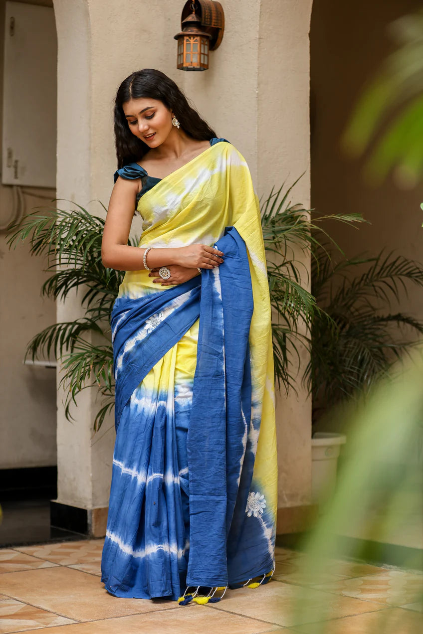 Luminous Blue Yellow Malmal Cotton Handpainted Tie-Dye Saree