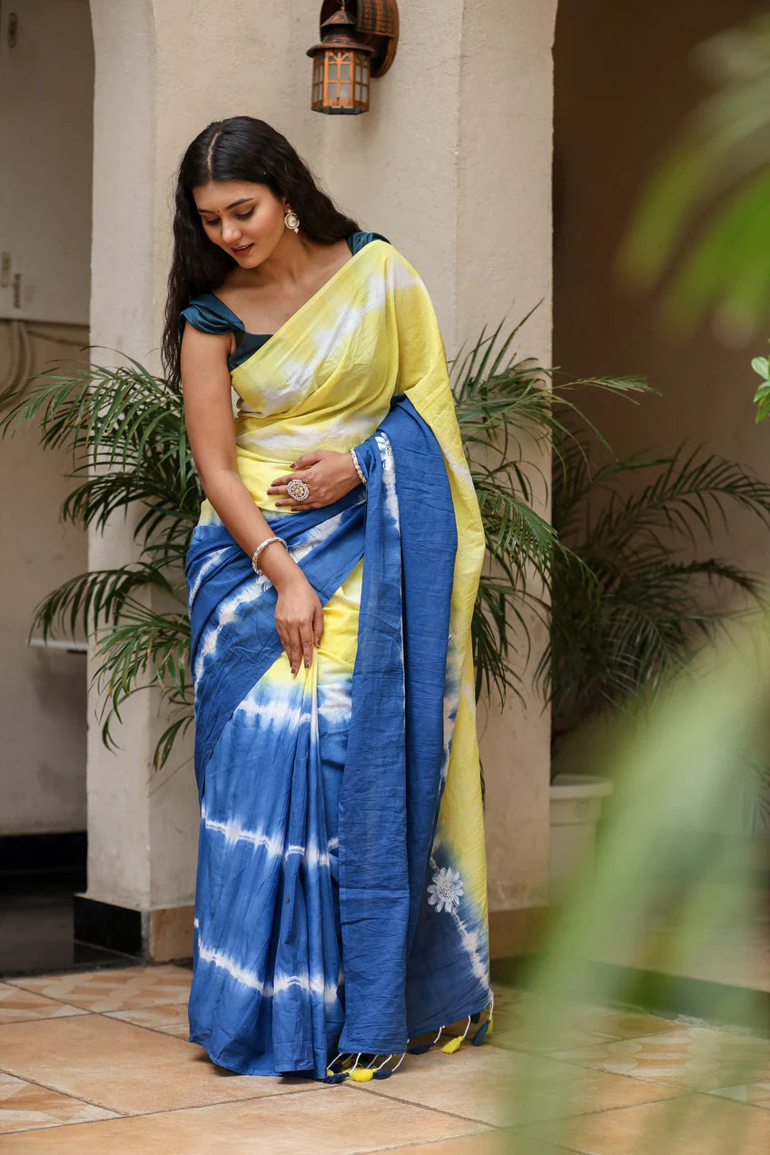 Luminous Blue Yellow Malmal Cotton Handpainted Tie-Dye Saree