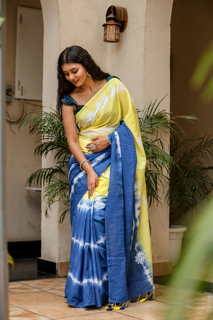 Luminous Blue Yellow Malmal Cotton Handpainted Tie-Dye Saree