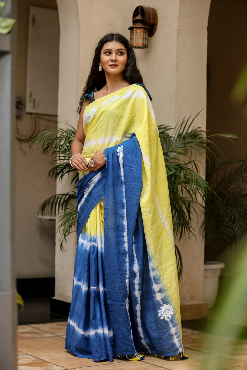 Luminous Blue Yellow Malmal Cotton Handpainted Tie-Dye Saree