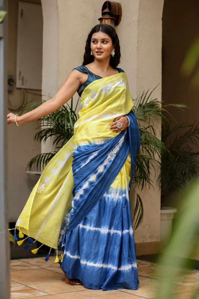 Luminous Blue Yellow Malmal Cotton Handpainted Tie-Dye Saree