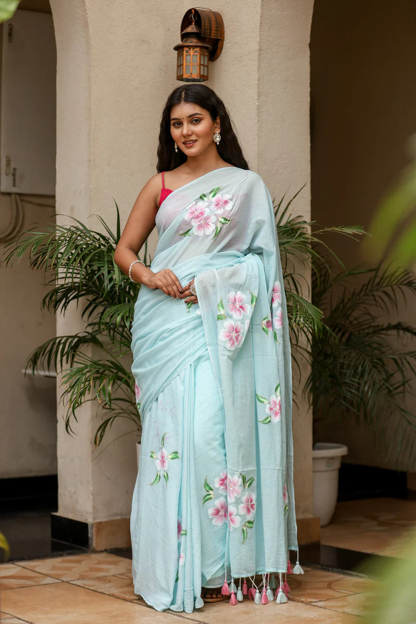 Serene Teal Blue Malmal Cotton Handpainted Pink Floral Saree