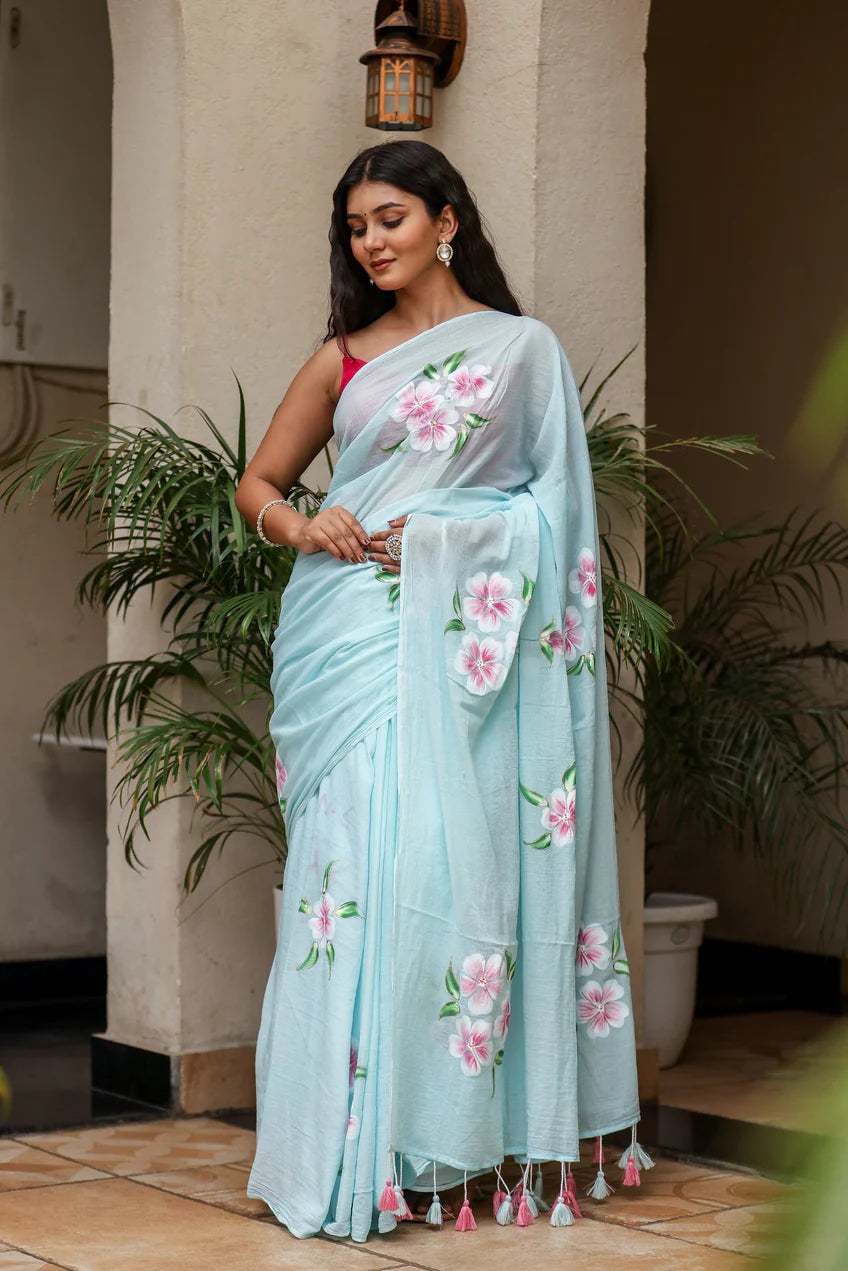 Serene Teal Blue Malmal Cotton Handpainted Pink Floral Saree