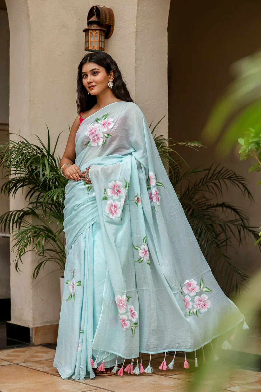 Serene Teal Blue Malmal Cotton Handpainted Pink Floral Saree