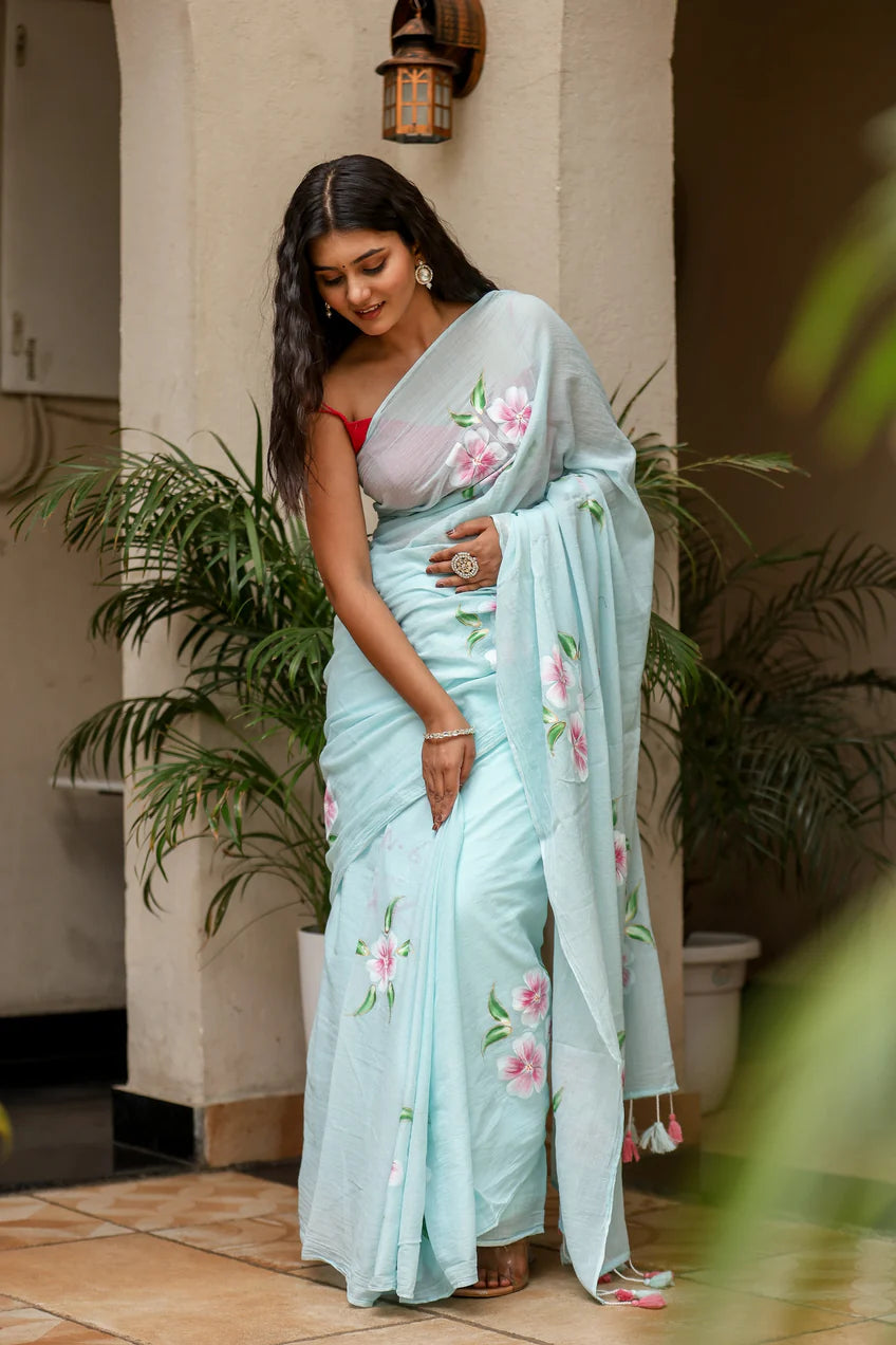 Serene Teal Blue Malmal Cotton Handpainted Pink Floral Saree