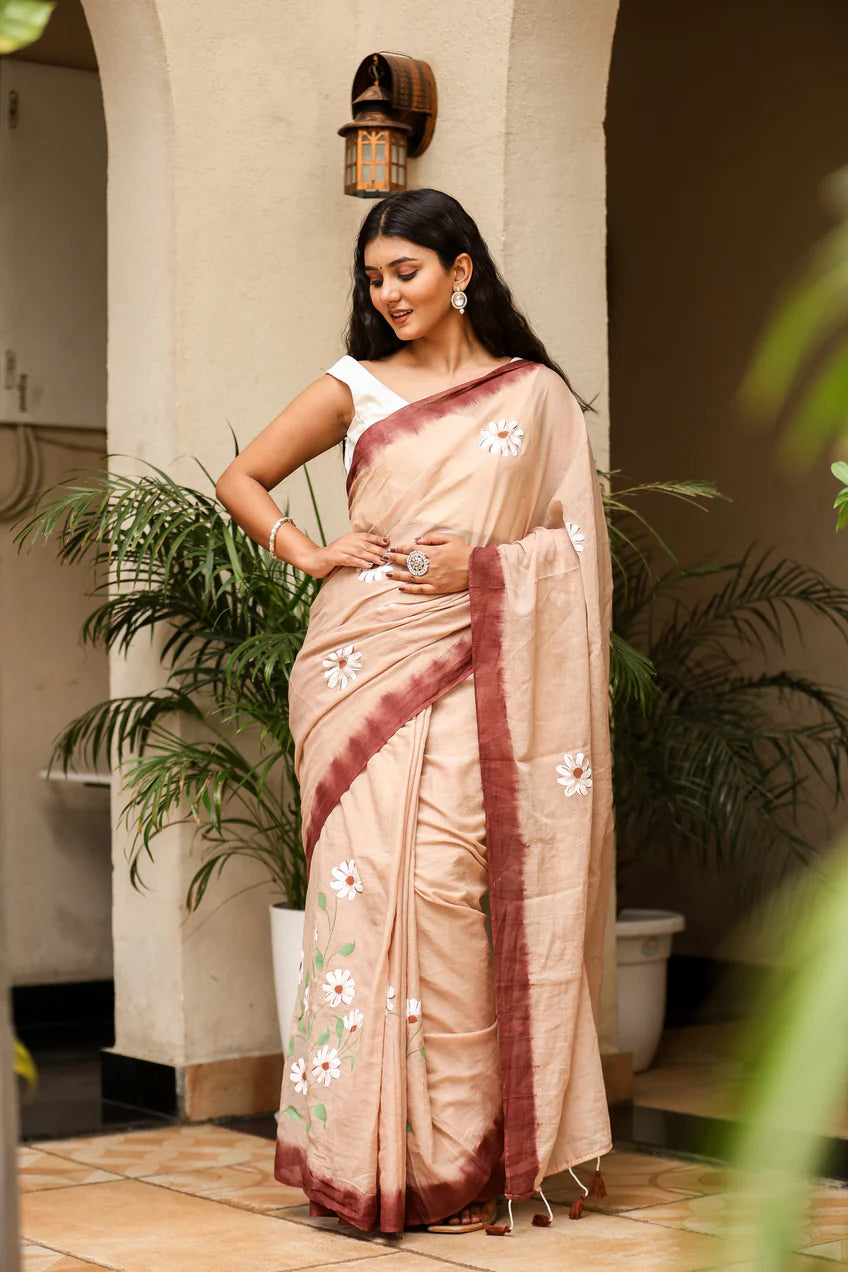 Earthy Brown Malmal Cotton Handpainted Daisy Saree - Rosewood Dusk