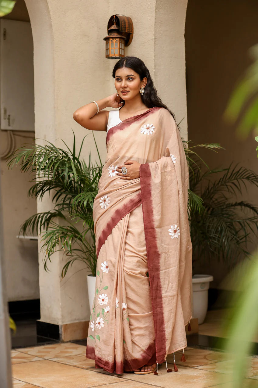 Earthy Brown Malmal Cotton Handpainted Daisy Saree - Rosewood Dusk