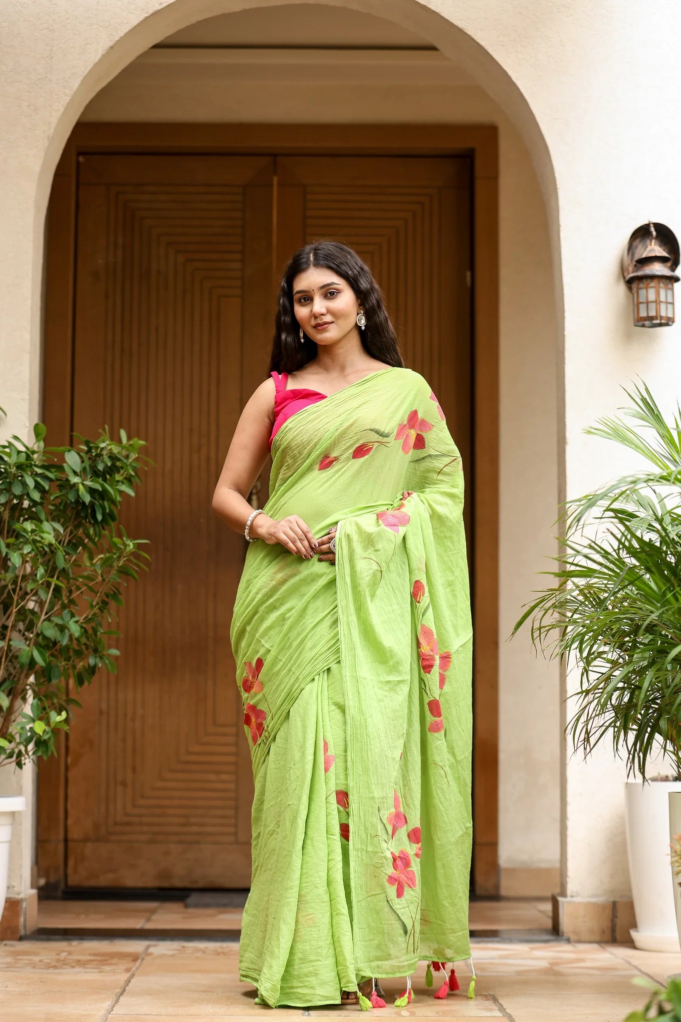 Lime Bloom (Handpainted Green Malmal Saree)