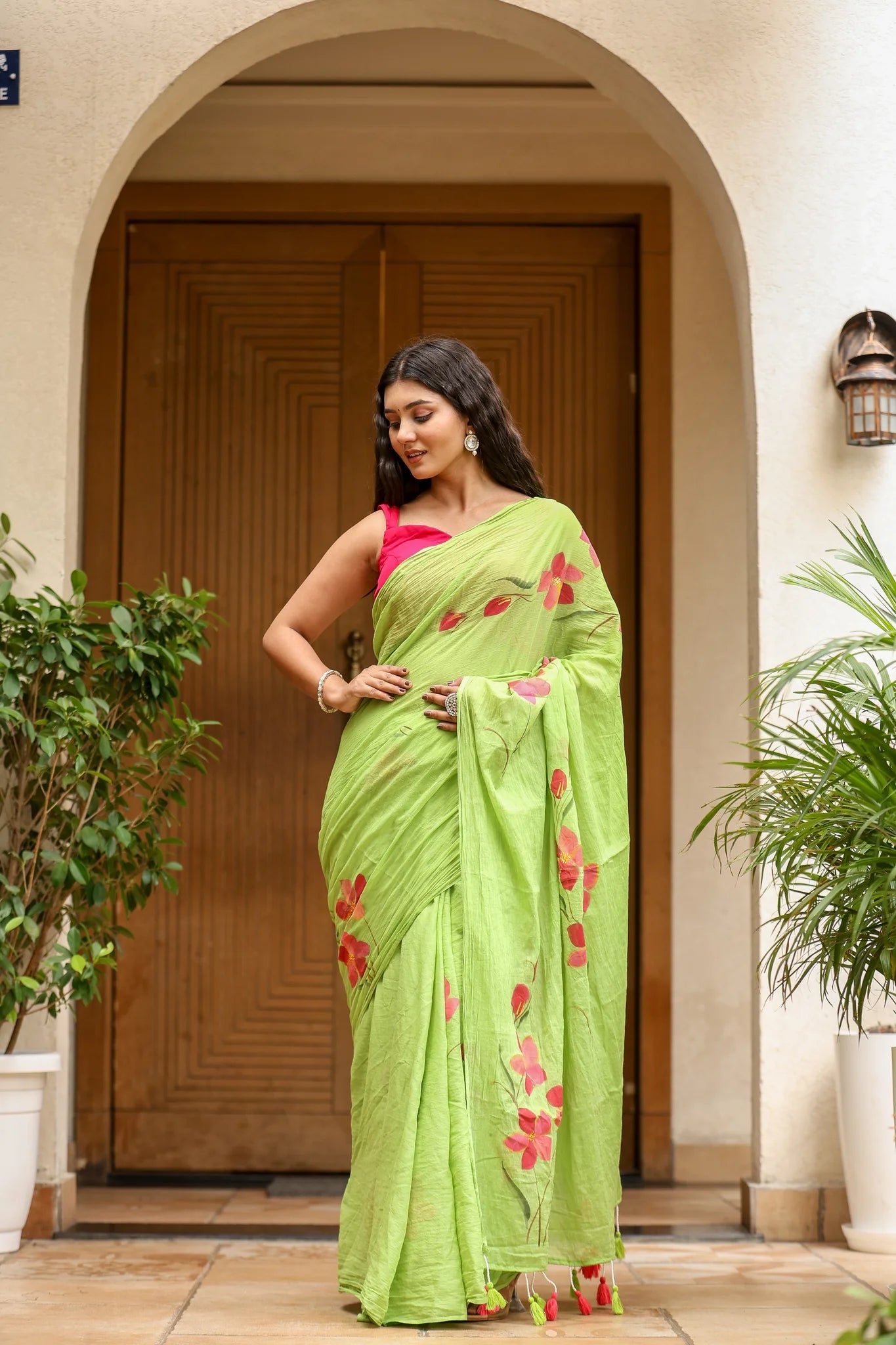 Lime Bloom (Handpainted Green Malmal Saree)