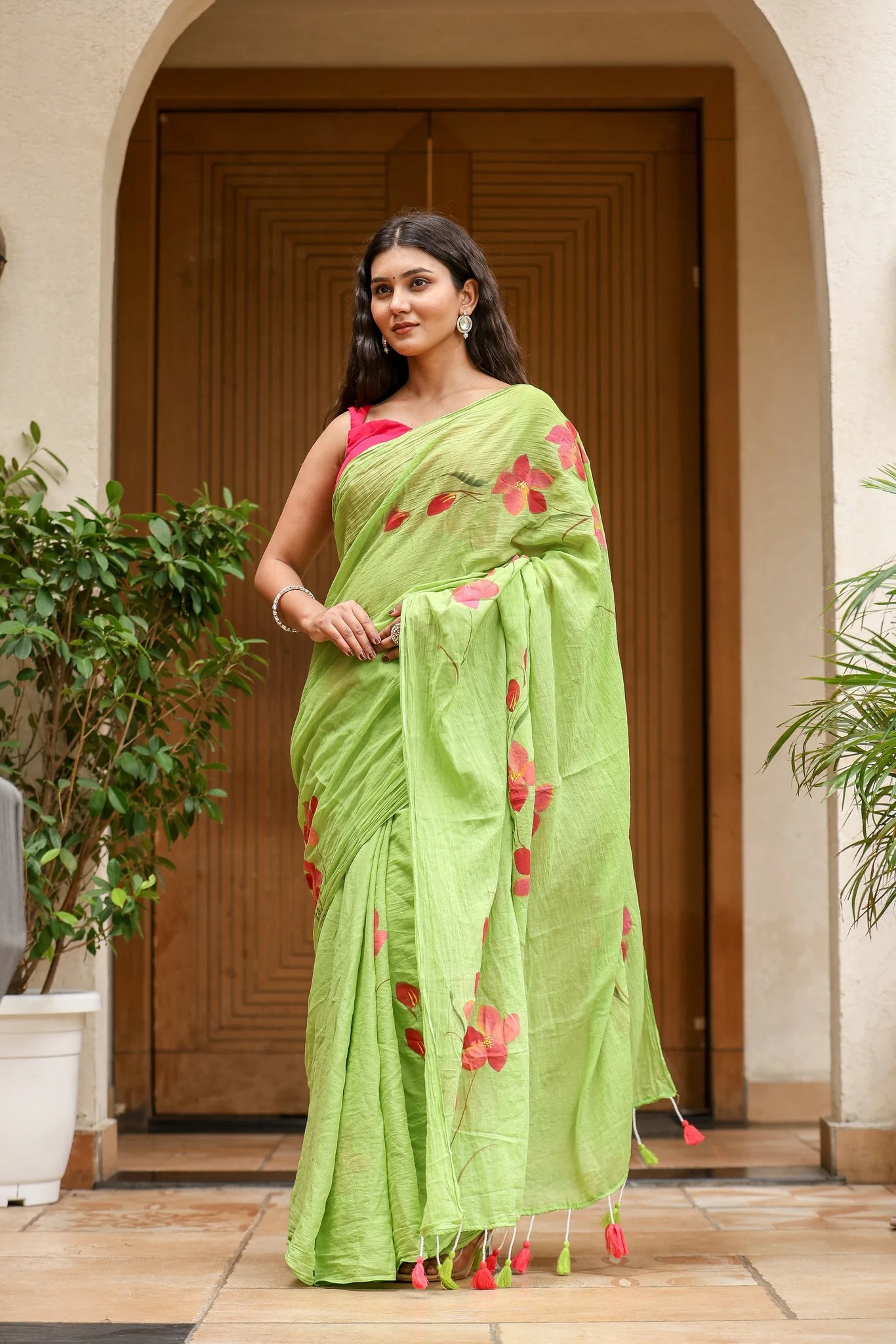 Lime Bloom (Handpainted Green Malmal Saree)